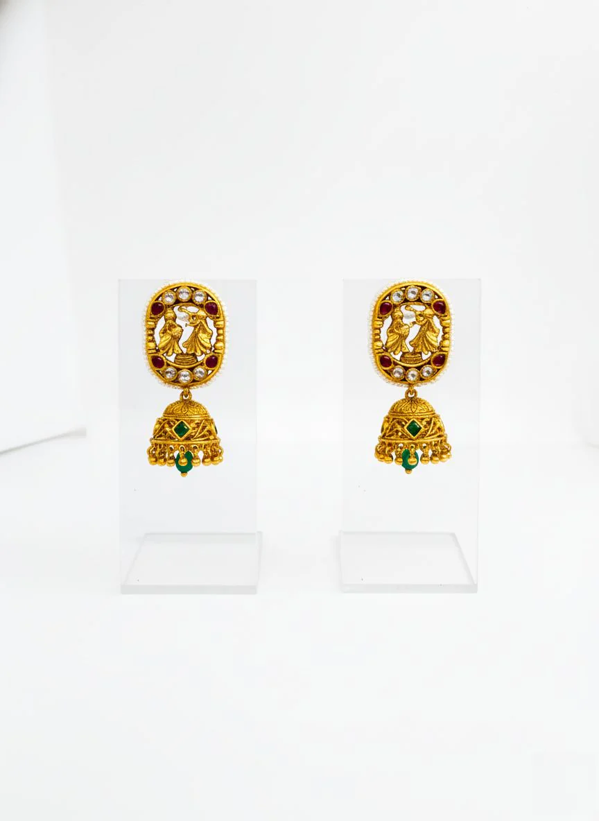 Antique Gold Peacock Kundan Necklace Set with Green Beads - Image 2