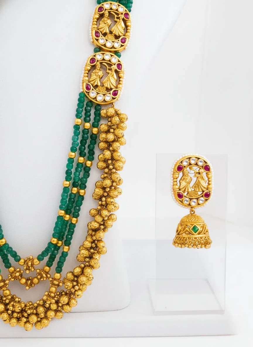 Antique Gold Peacock Kundan Necklace Set with Green Beads - Image 3