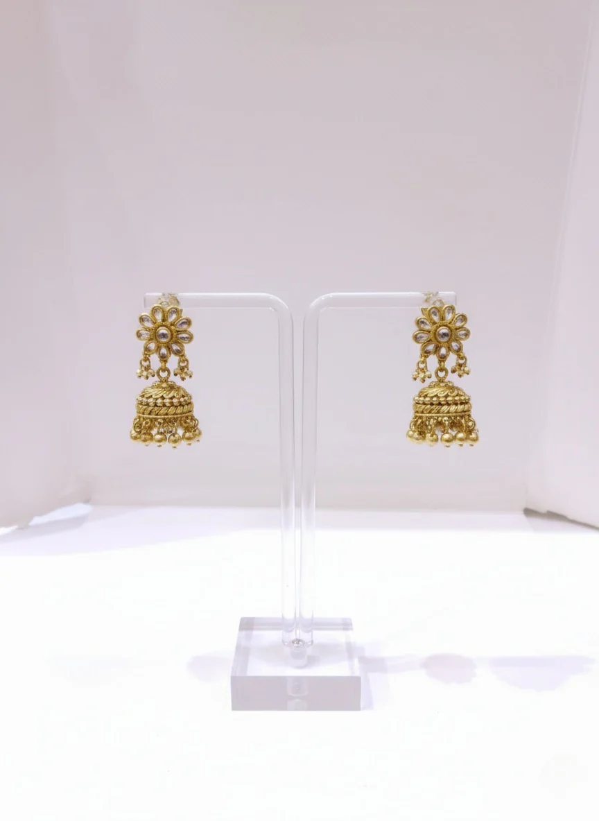 Antique Gold Plated Necklace Set with Kundan Pendant & Jhumka Earrings - Image 2