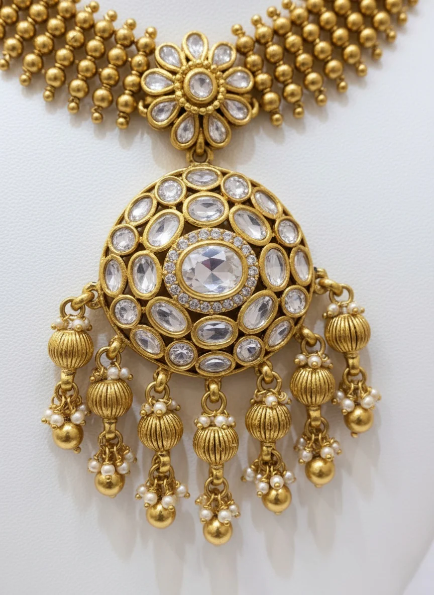 Antique Gold Plated Necklace Set with Kundan Pendant & Jhumka Earrings - Image 3