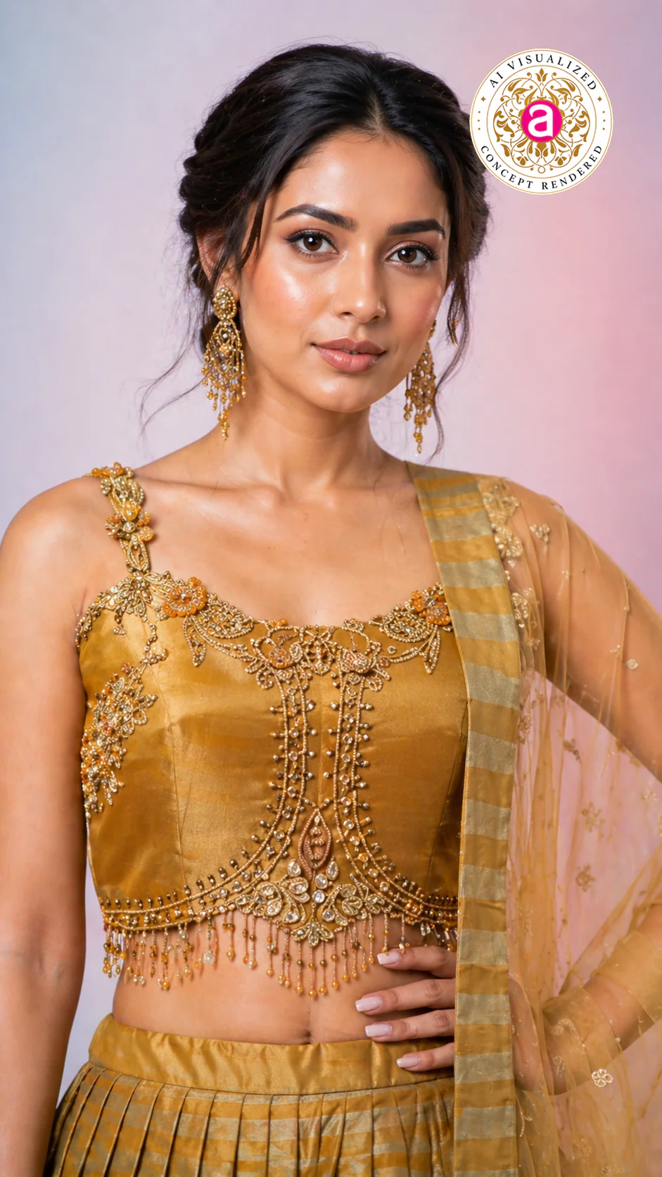Antique Gold Silk Lehenga Choli with Embellished Blouse & Sheer Dupatta - Image 2