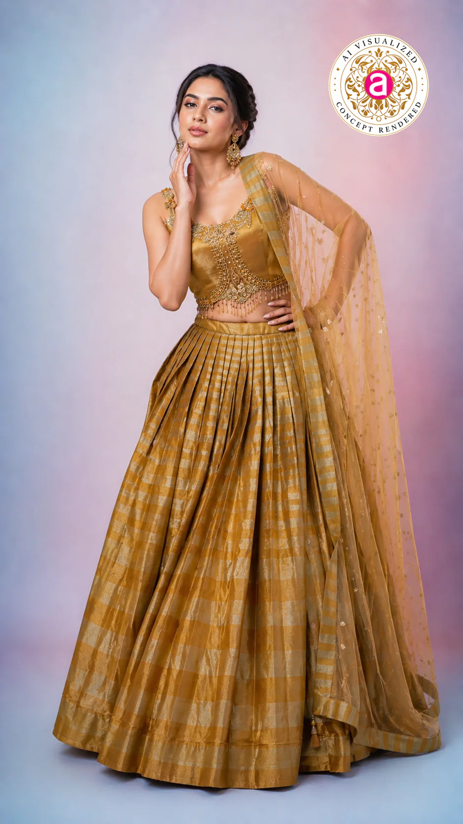 Antique Gold Silk Lehenga Choli with Embellished Blouse & Sheer Dupatta - Image 3