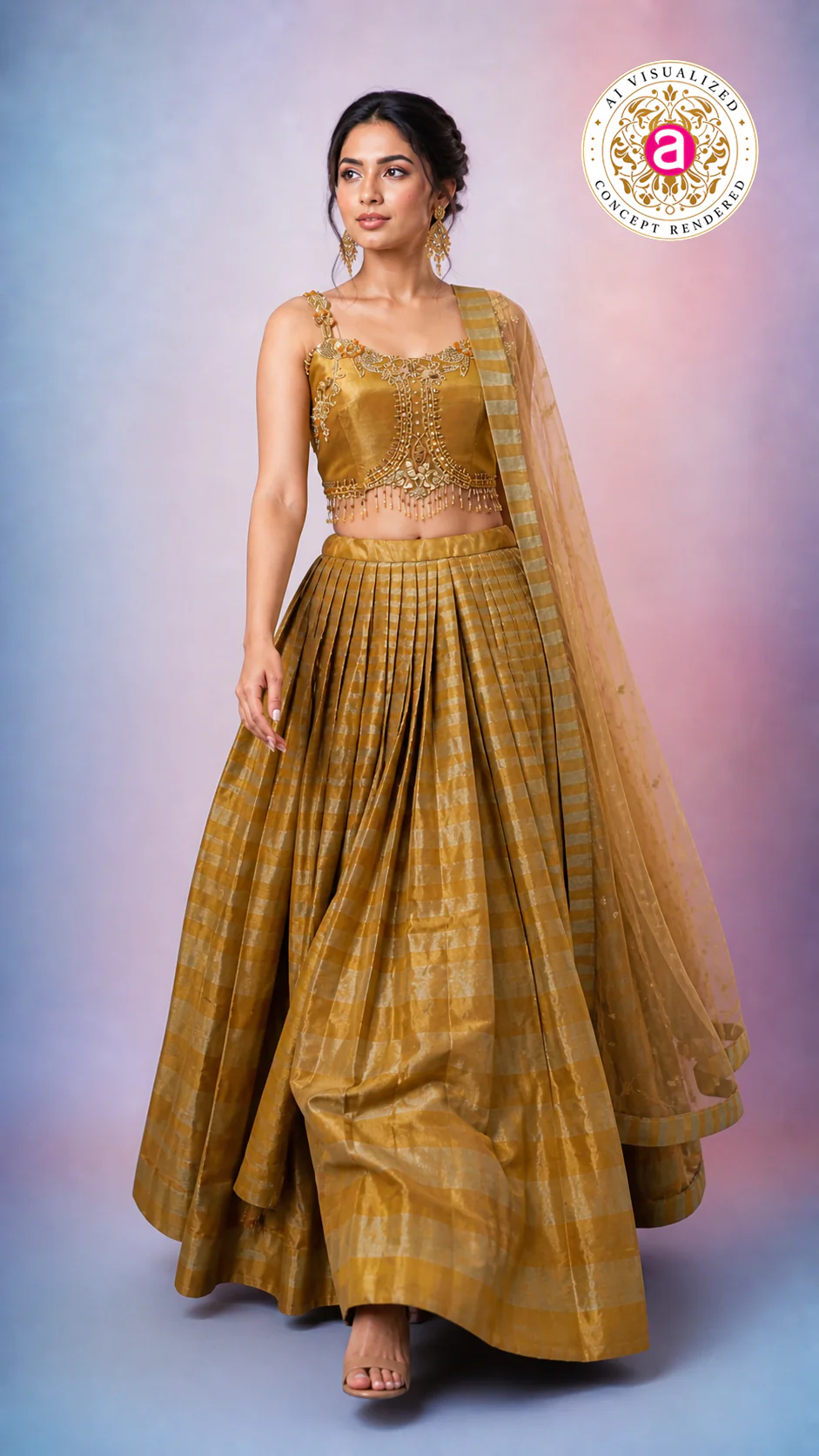 Antique Gold Silk Lehenga Choli with Embellished Blouse & Sheer Dupatta - Image 4