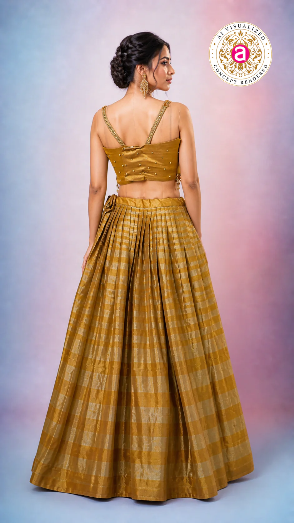 Antique Gold Silk Lehenga Choli with Embellished Blouse & Sheer Dupatta - Image 5