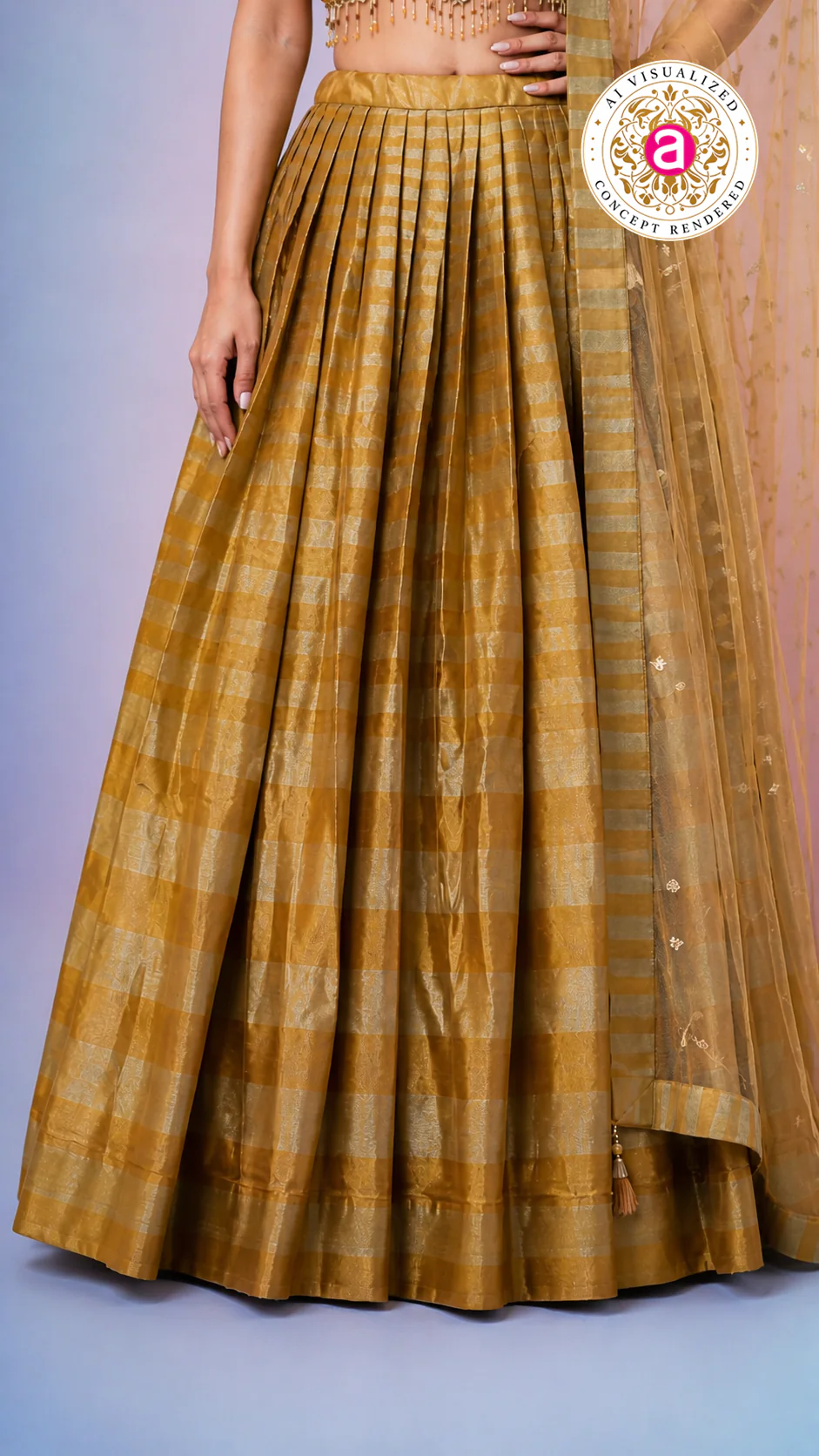 Antique Gold Silk Lehenga Choli with Embellished Blouse & Sheer Dupatta - Image 6