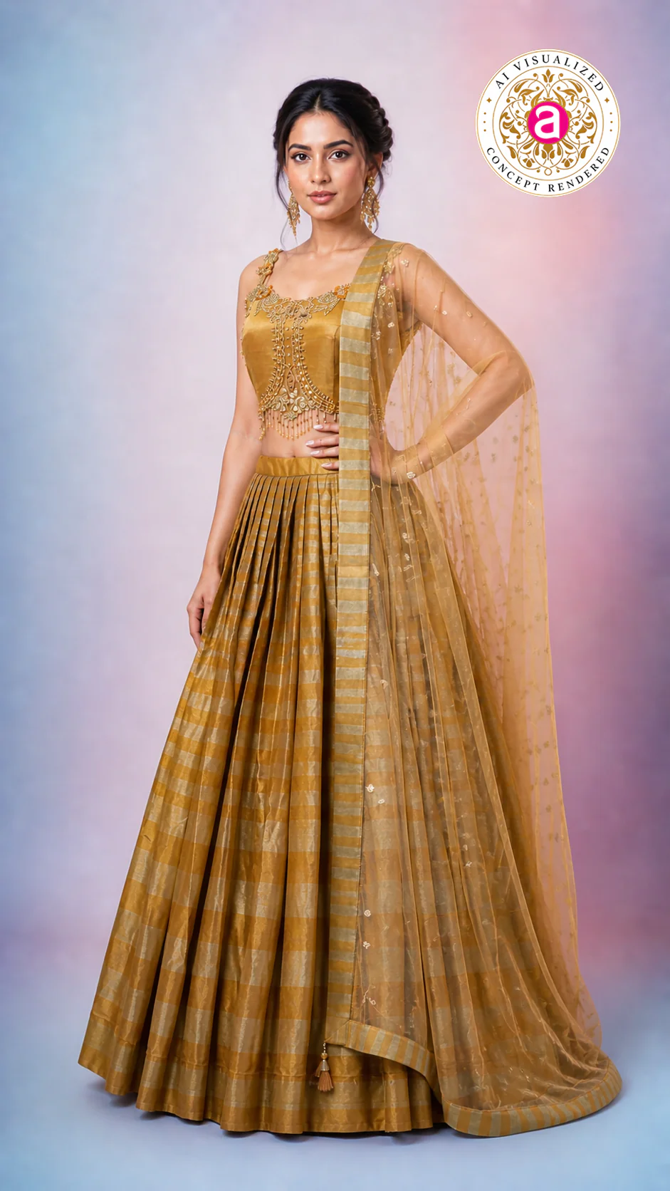 Antique Gold Silk Lehenga Choli with Embellished Blouse & Sheer Dupatta - Image 7