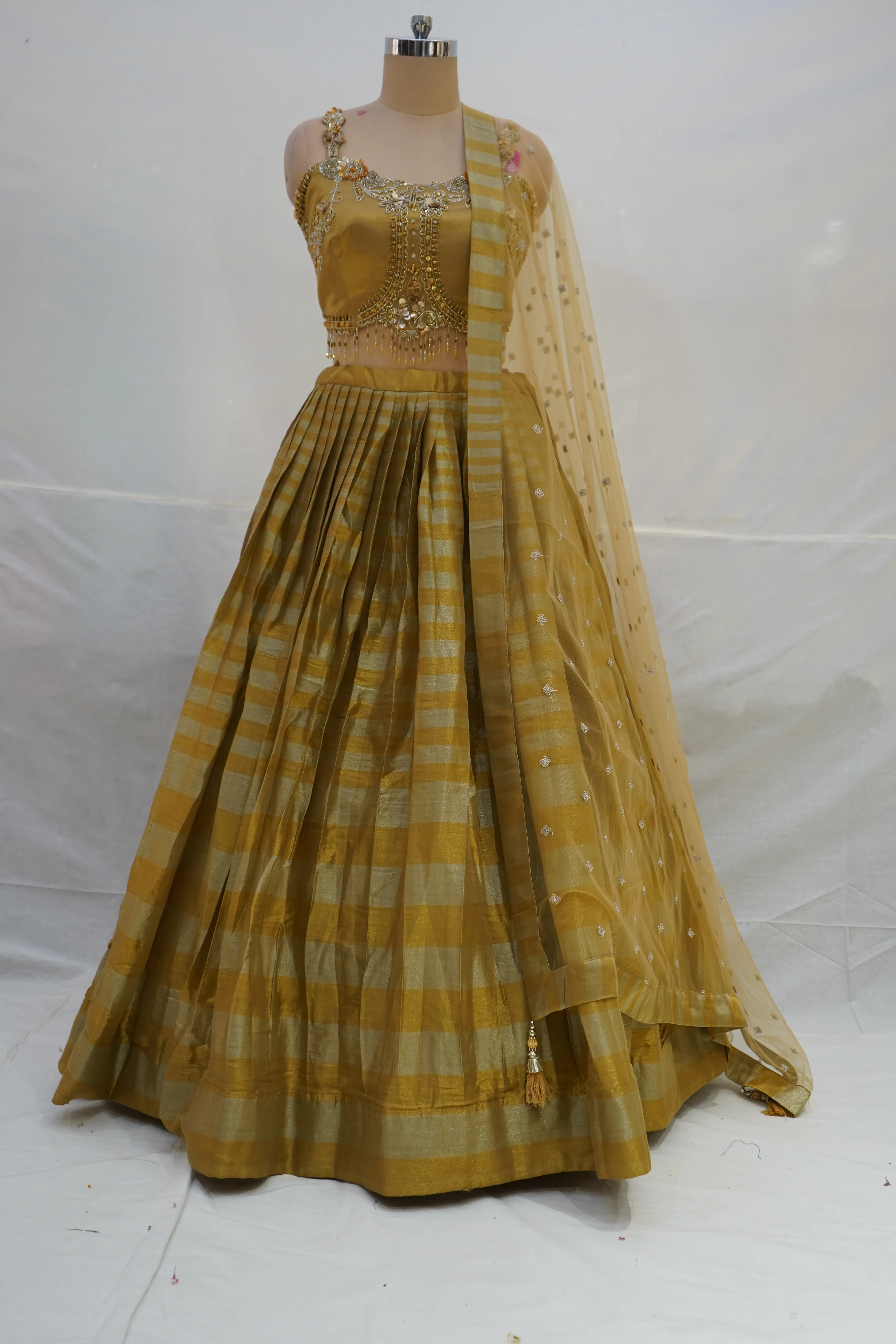 Antique Gold Silk Lehenga Choli with Embellished Blouse & Sheer Dupatta - Image 9