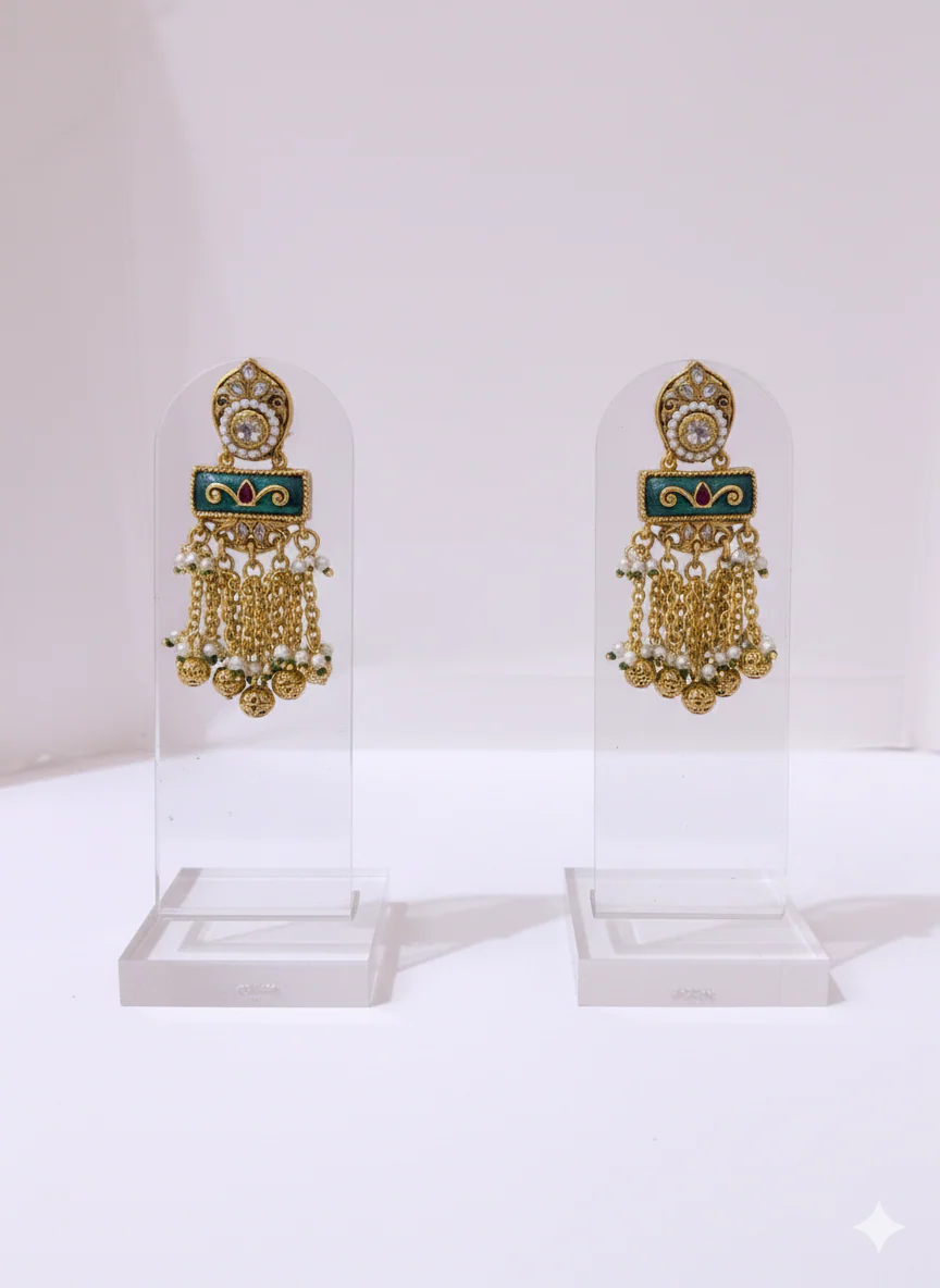 Antique Gold Temple Bridal Necklace Set with Kundan & Emerald Enamel - Image 2