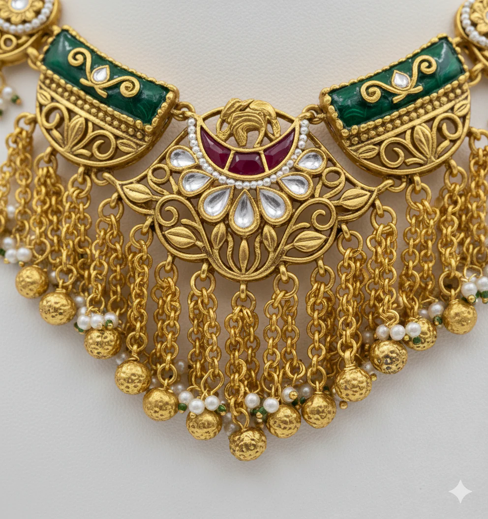 Antique Gold Temple Bridal Necklace Set with Kundan & Emerald Enamel - Image 3