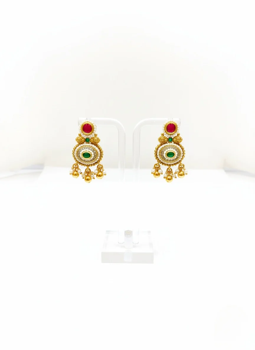 Antique Gold Temple Choker Necklace Set with Kundan & Ruby Drops - Image 2