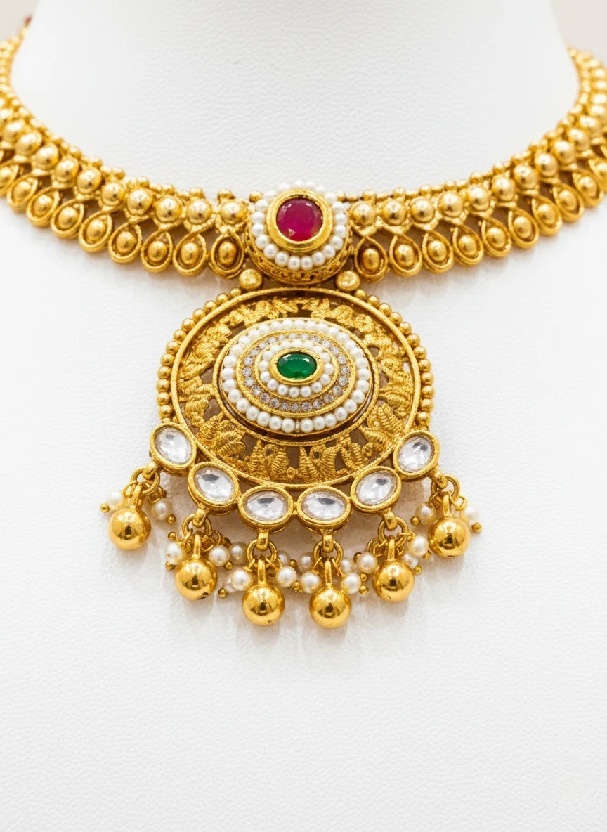 Antique Gold Temple Choker Necklace Set with Kundan & Ruby Drops - Image 3