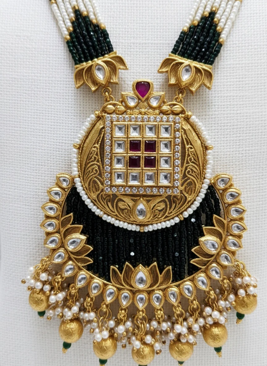 Antique Gold Temple Necklace Set with Kundan & Pearl Beaded Mala - Image 3