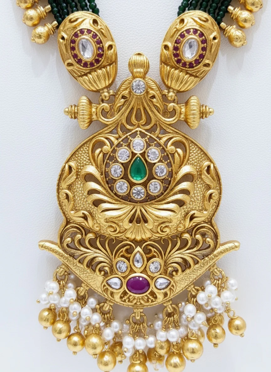 Antique Gold Temple Necklace Set with Lakshmi Pendant, Pearls & Kemp Stones - Image 3
