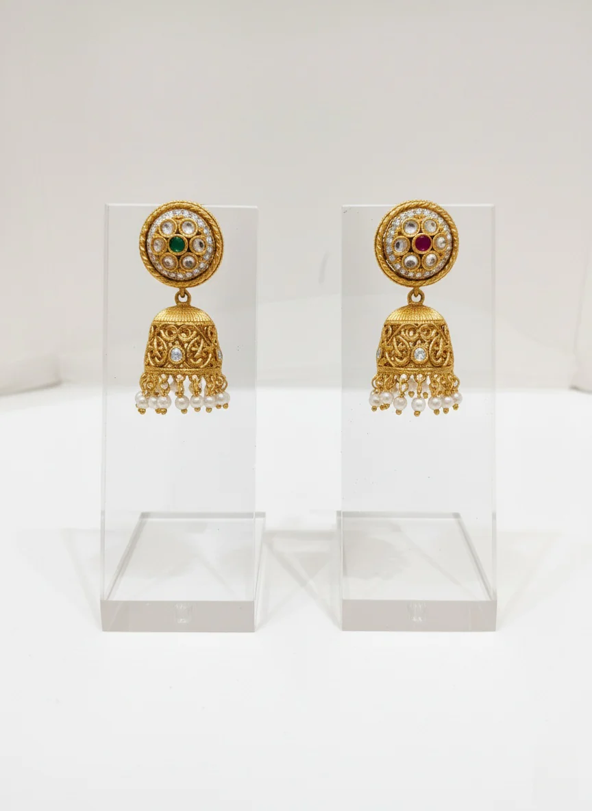 Antique Gold Temple Necklace Set with Ruby, Emerald & Pearl Detailing - Image 2