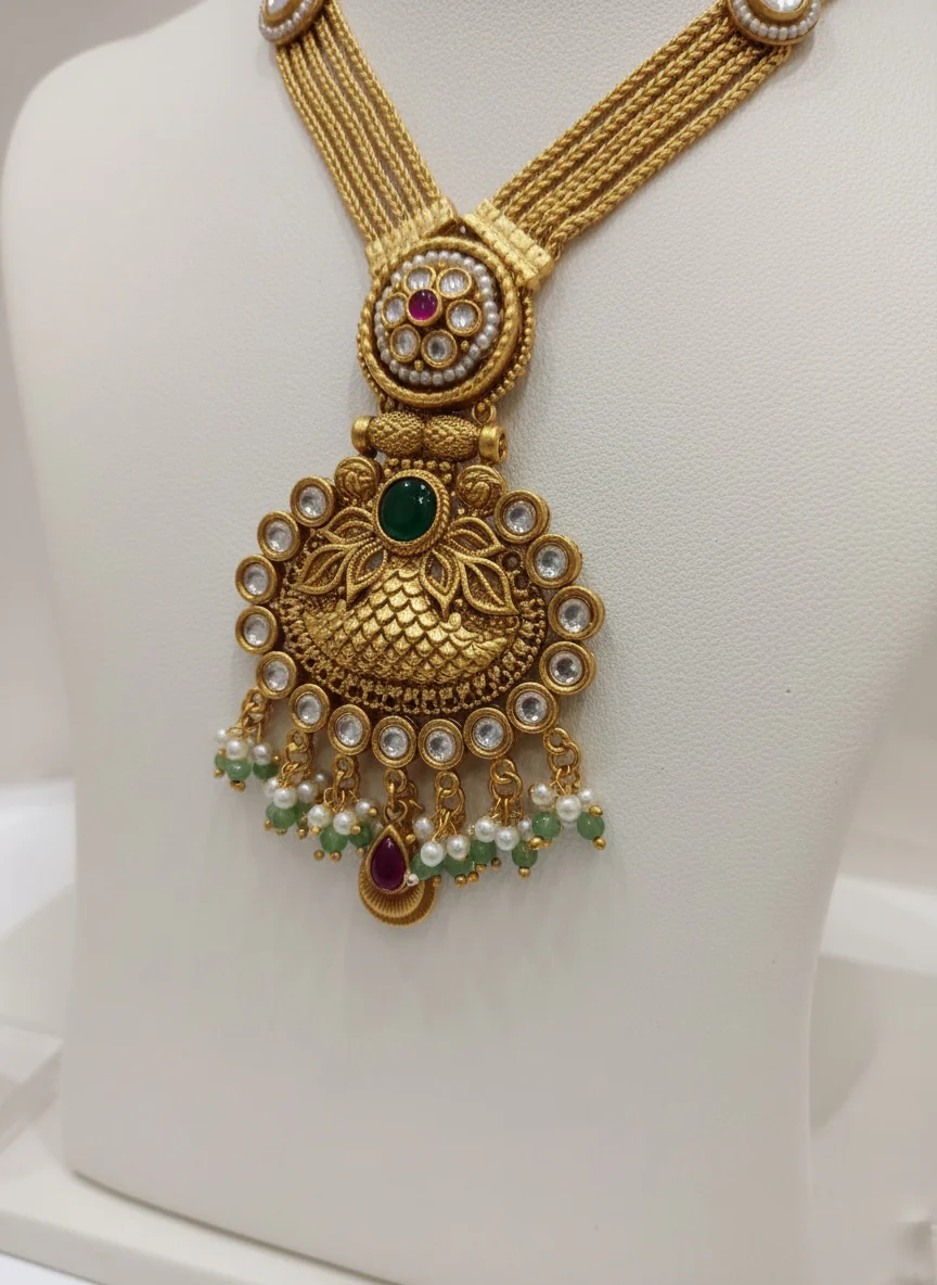 Antique Gold Temple Necklace Set with Ruby, Emerald & Pearl Detailing - Image 3