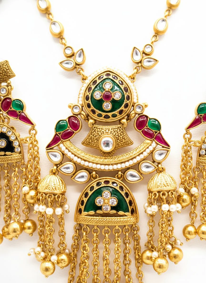 Antique Gold Temple Necklace Set with Ruby & Emerald Stones - Image 3