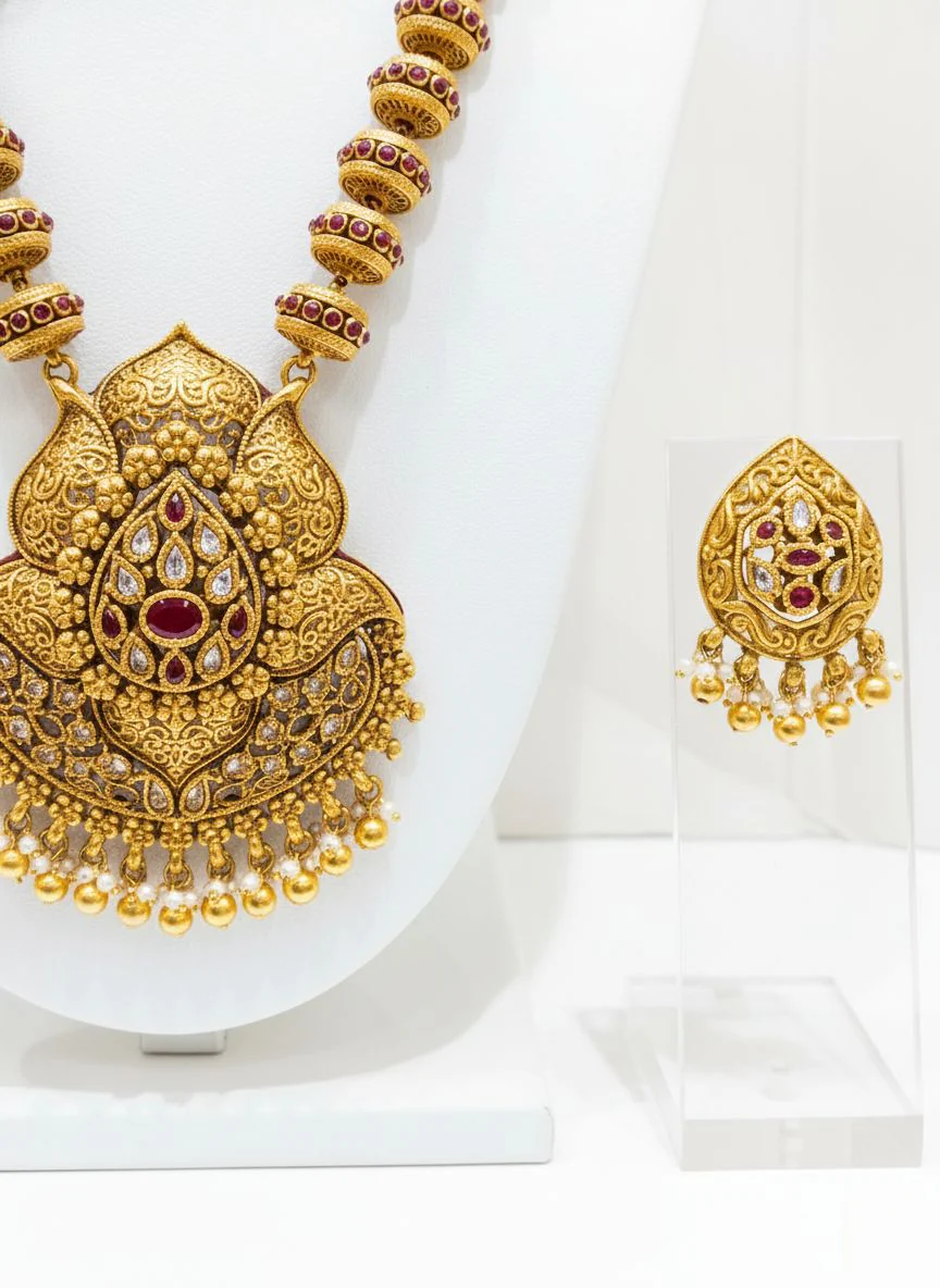 Antique Gold Temple Necklace Set with Ruby & Kundan Stones - Image 3