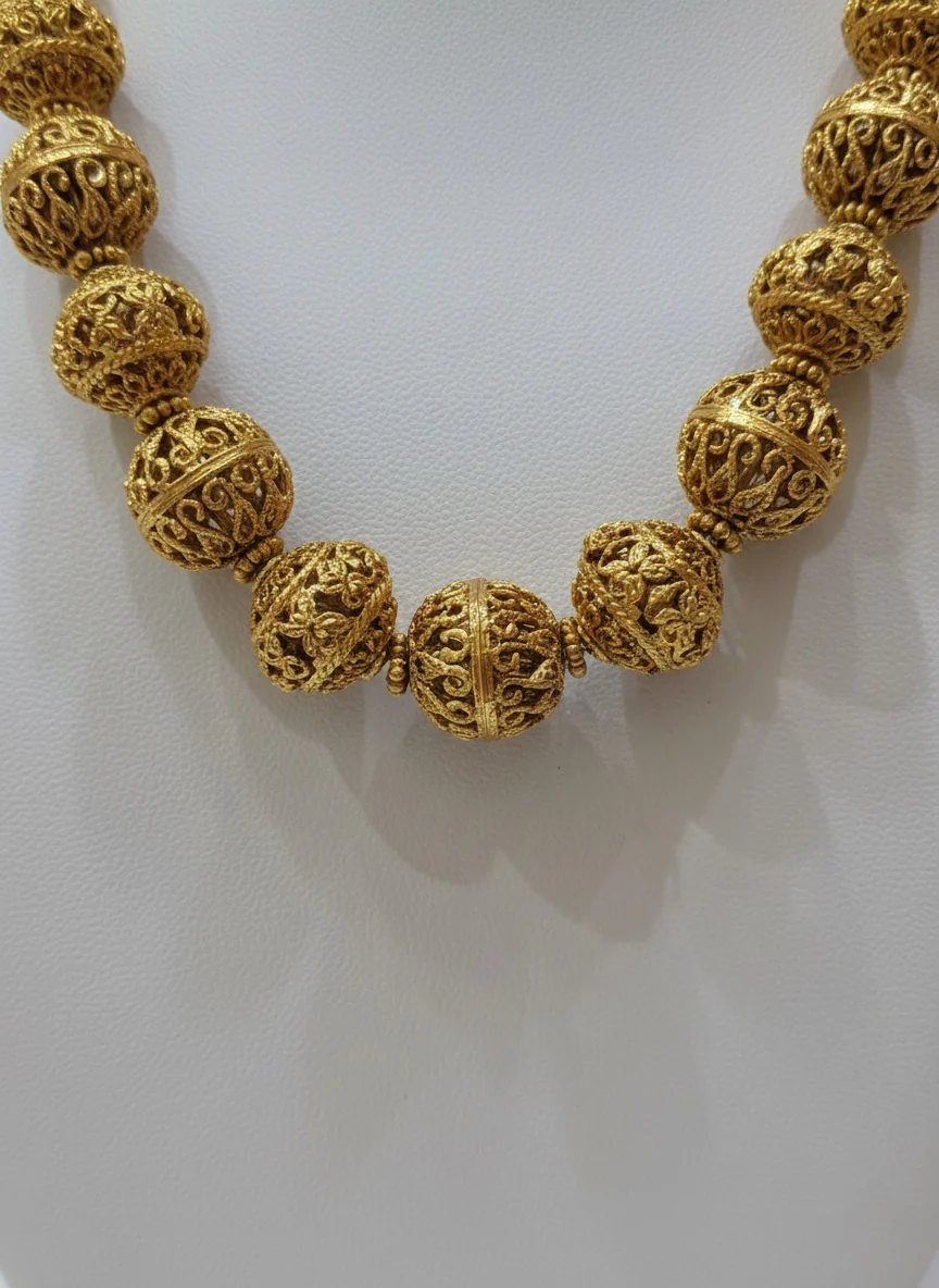 Antique Matte Gold Ball Necklace Set with Jhumka Earrings - Image 3