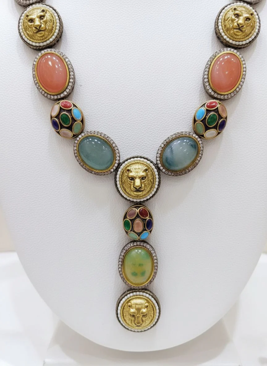 Antique Multicolor Gemstone Necklace Set with Lion Motif & Enamel Detailing - Image 2