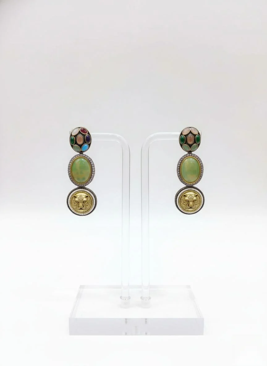 Antique Multicolor Gemstone Necklace Set with Lion Motif & Enamel Detailing - Image 3