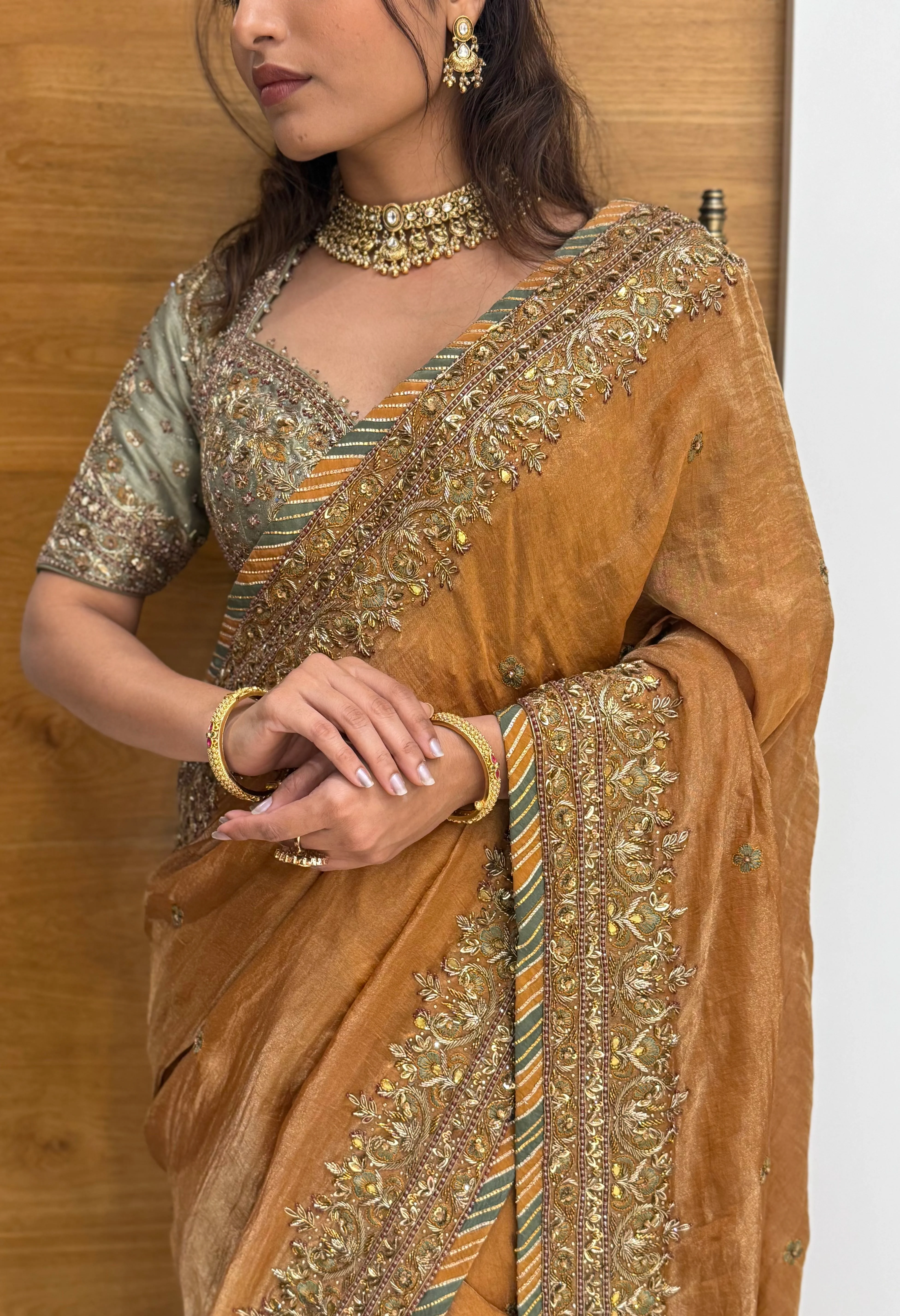 Antique Mustard Zari Embroidered Tissue Silk Saree with Handcrafted Border - Image 2