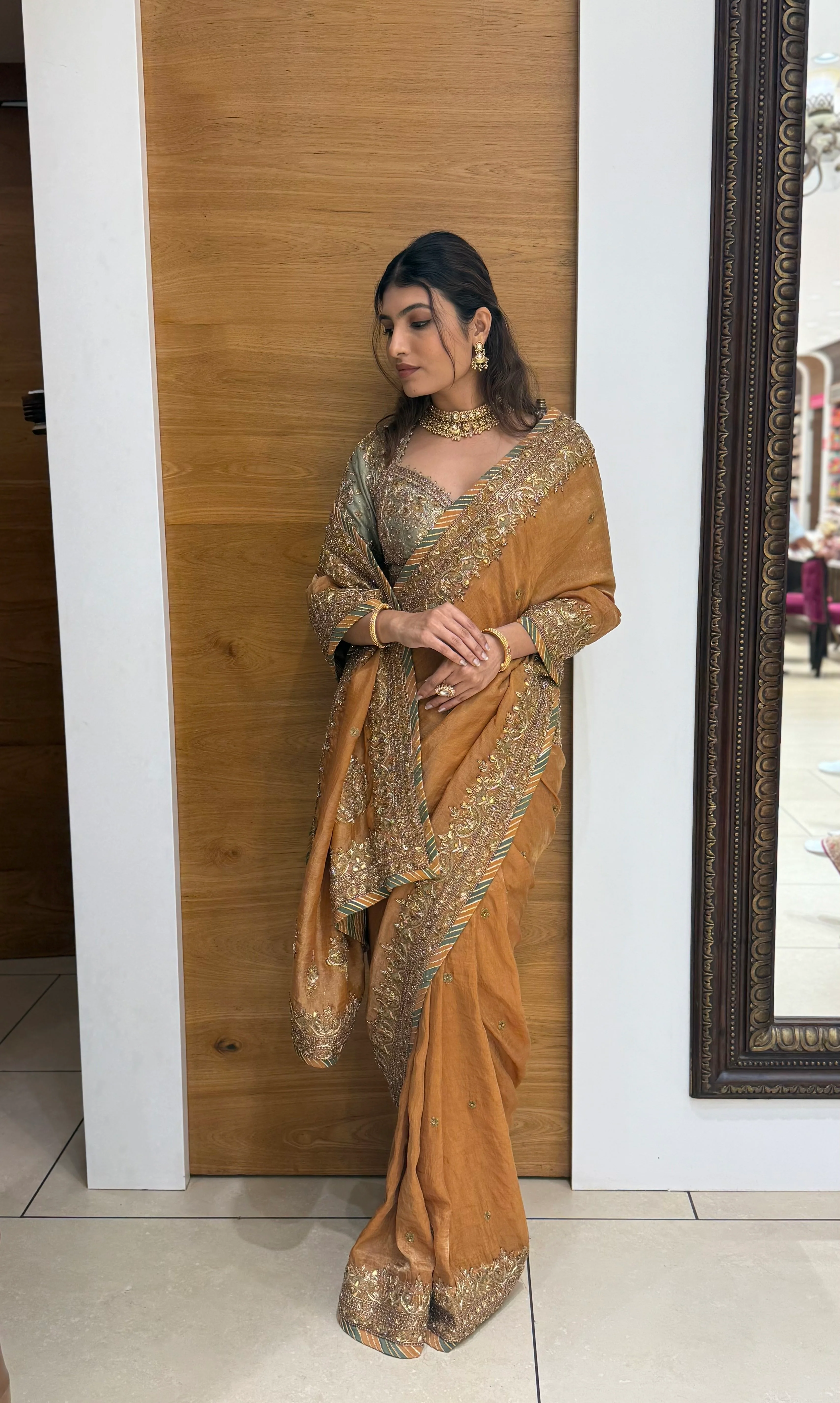 Antique Mustard Zari Embroidered Tissue Silk Saree with Handcrafted Border - Image 3