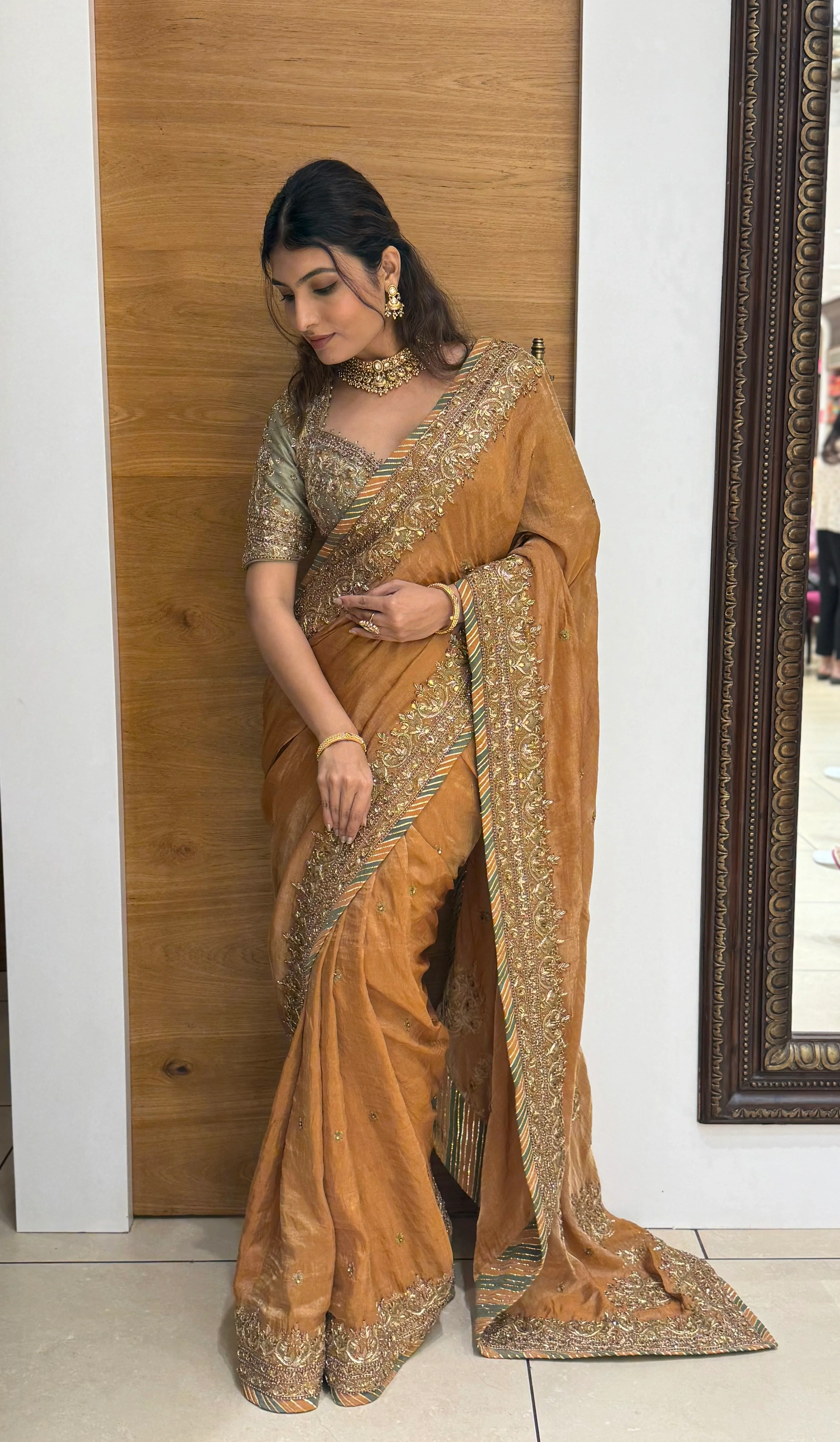 Antique Mustard Zari Embroidered Tissue Silk Saree with Handcrafted Border - Image 4
