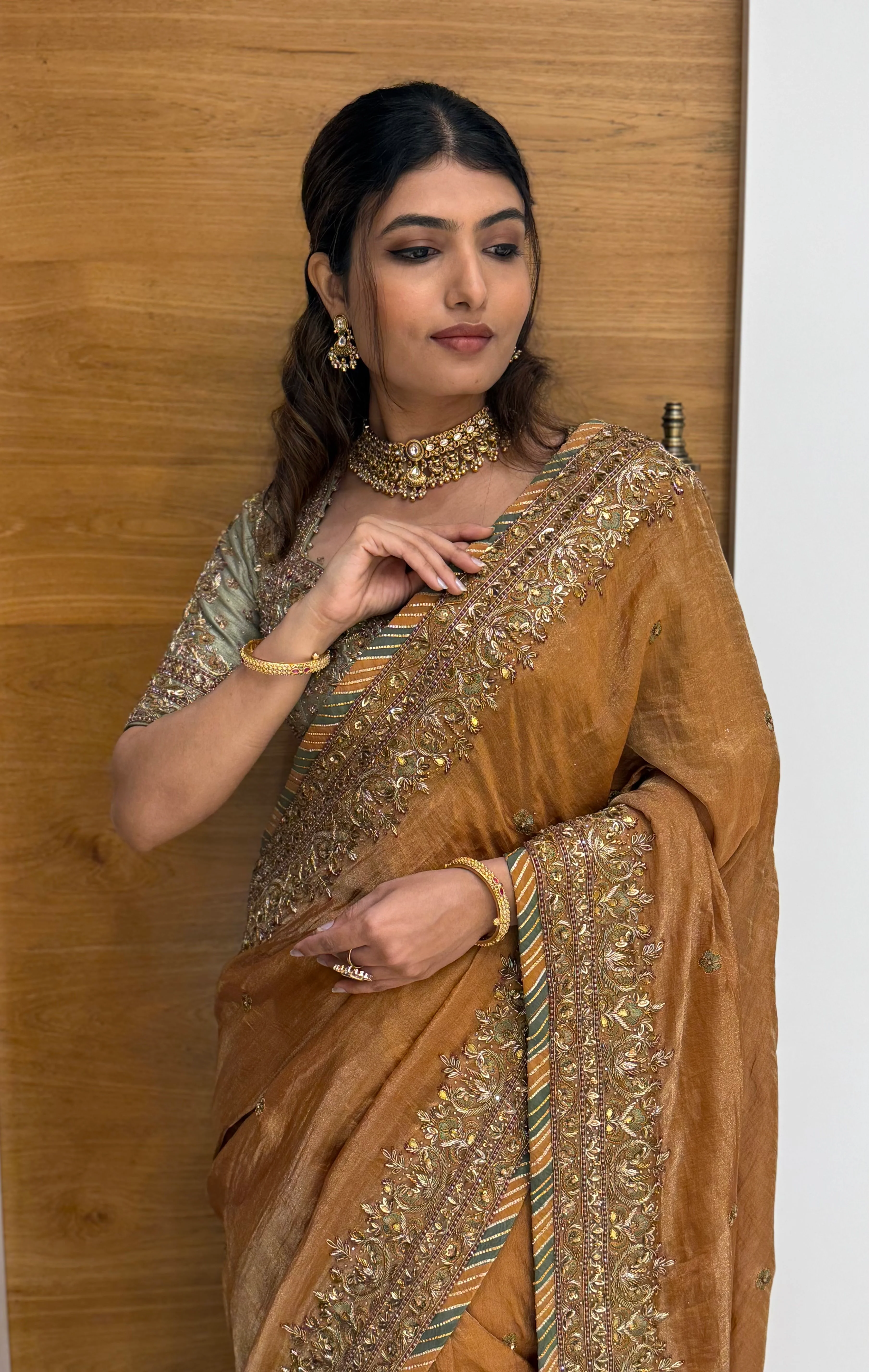 Antique Mustard Zari Embroidered Tissue Silk Saree with Handcrafted Border - Image 5