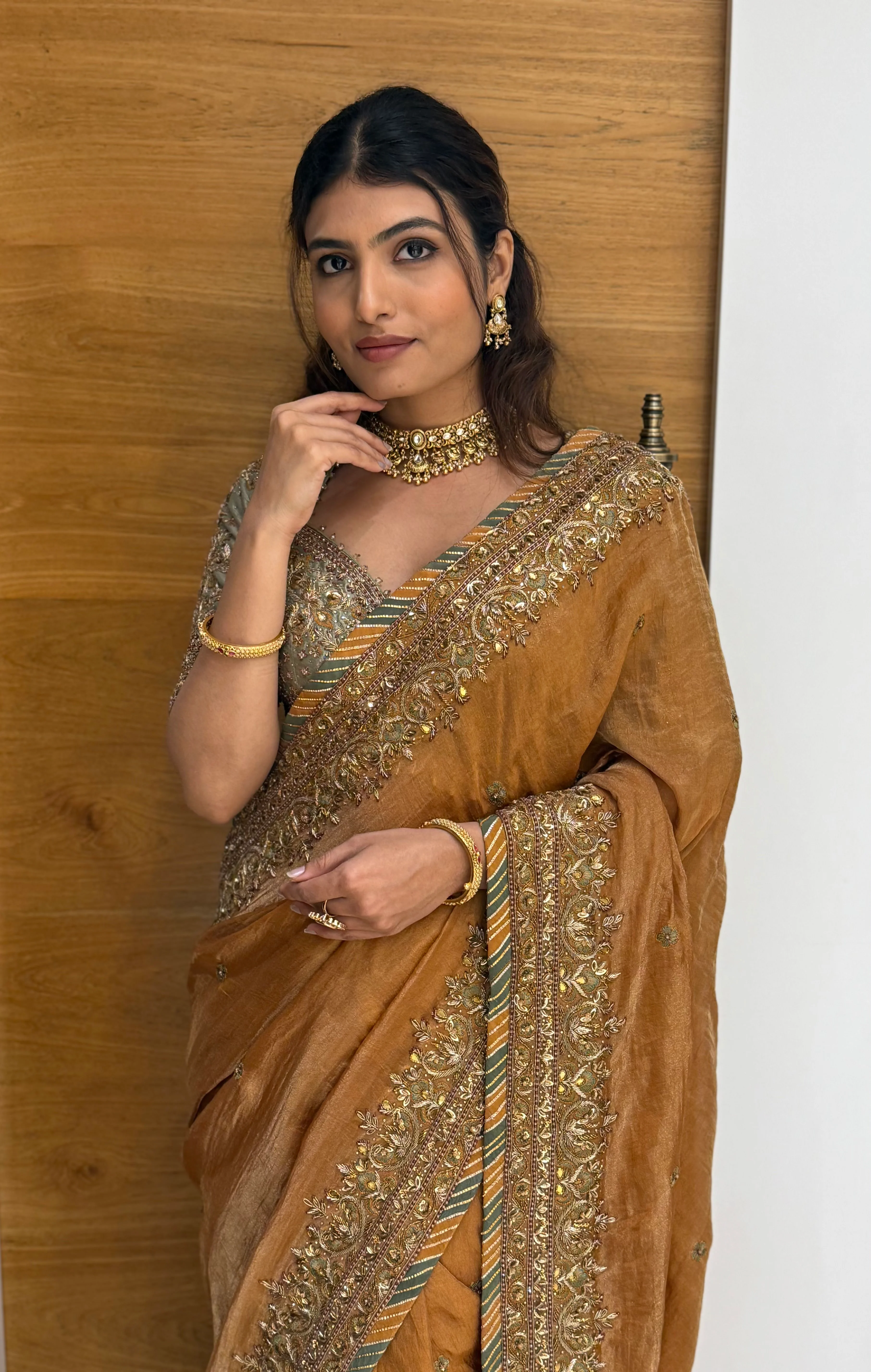 Antique Mustard Zari Embroidered Tissue Silk Saree with Handcrafted Border - Image 6