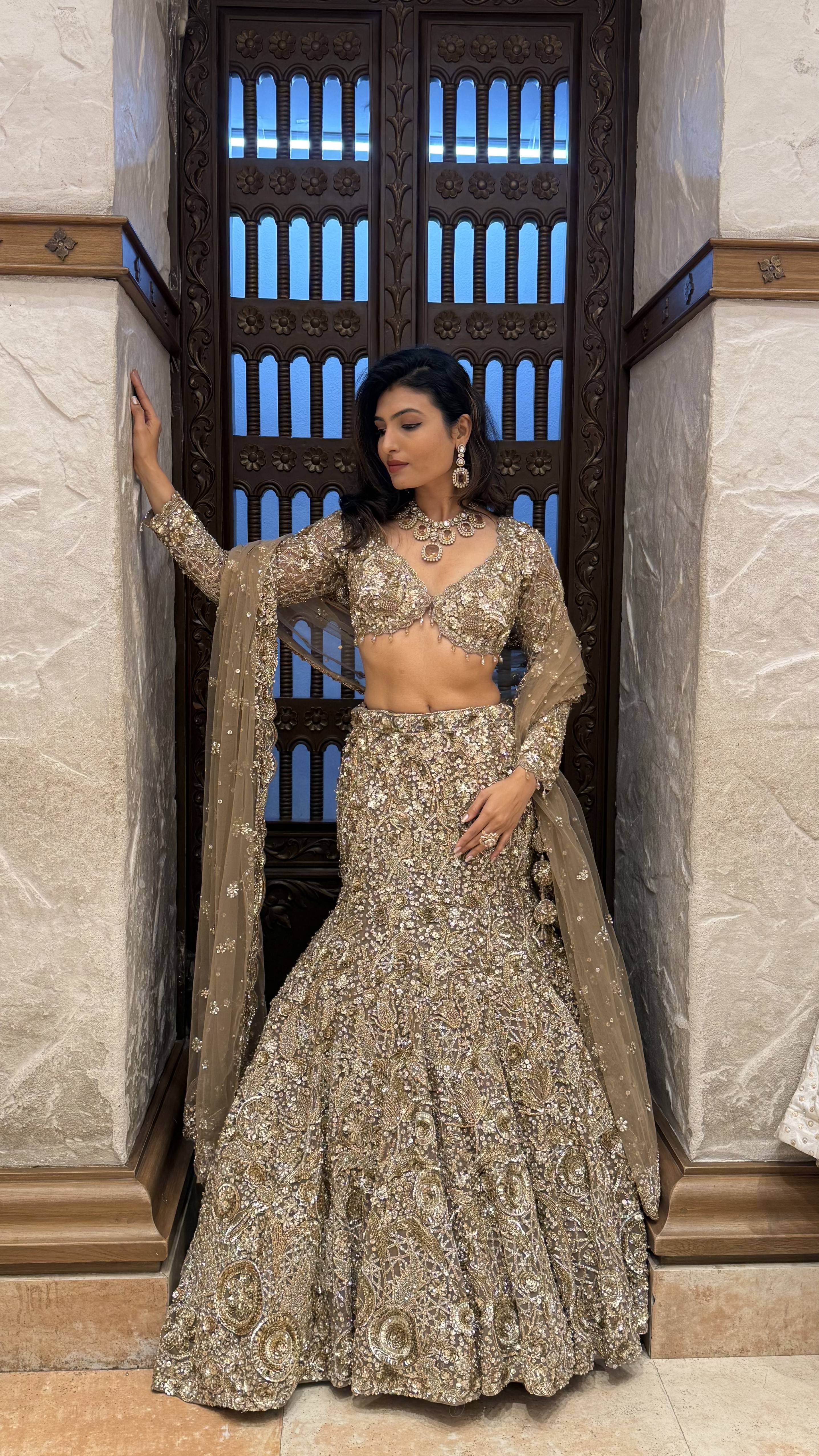 Antique Olive Gold Heavy Embroidered Bridal Lehenga with Net Dupatta - Image 3