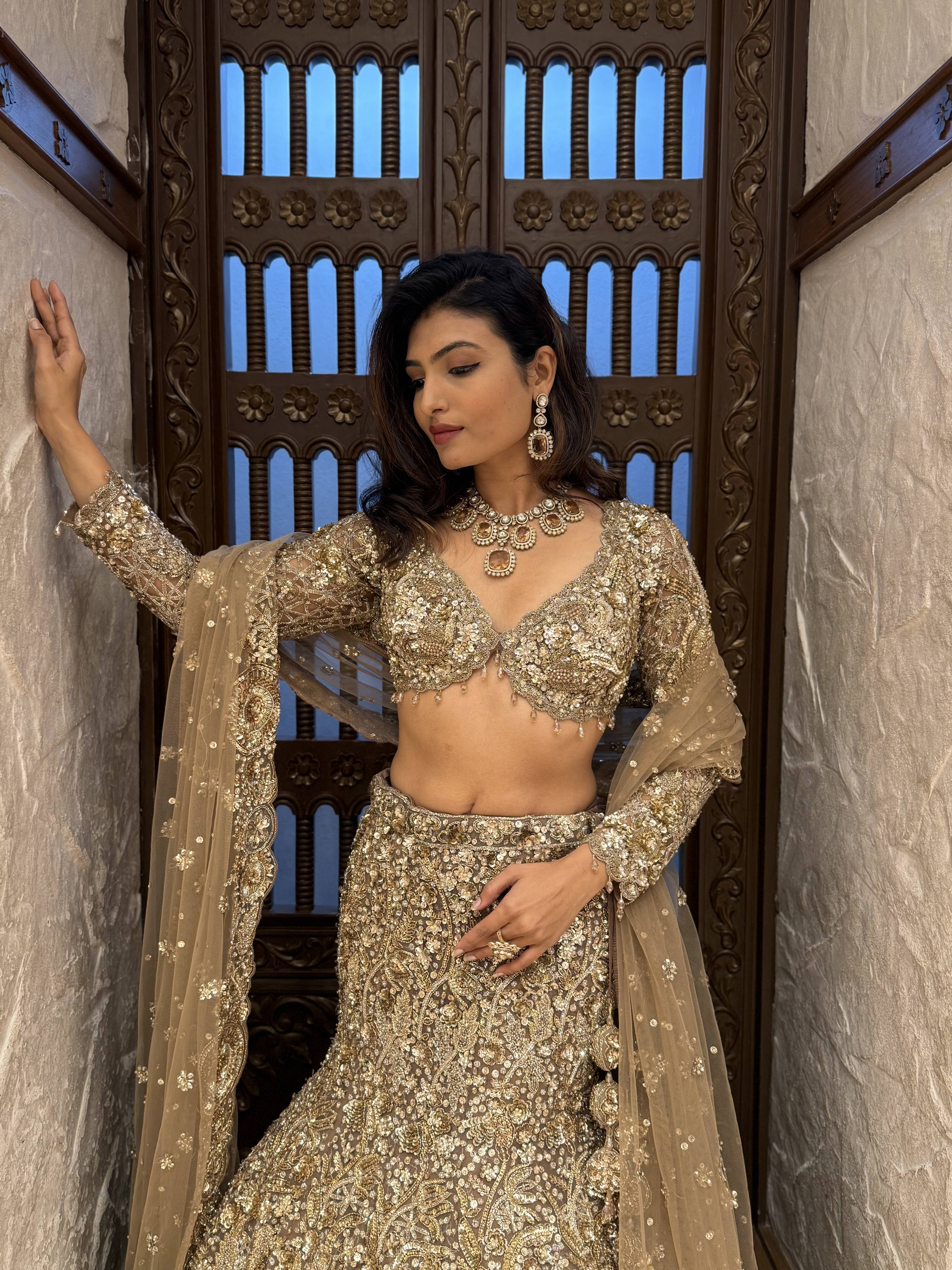 Antique Olive Gold Heavy Embroidered Bridal Lehenga with Net Dupatta - Image 4