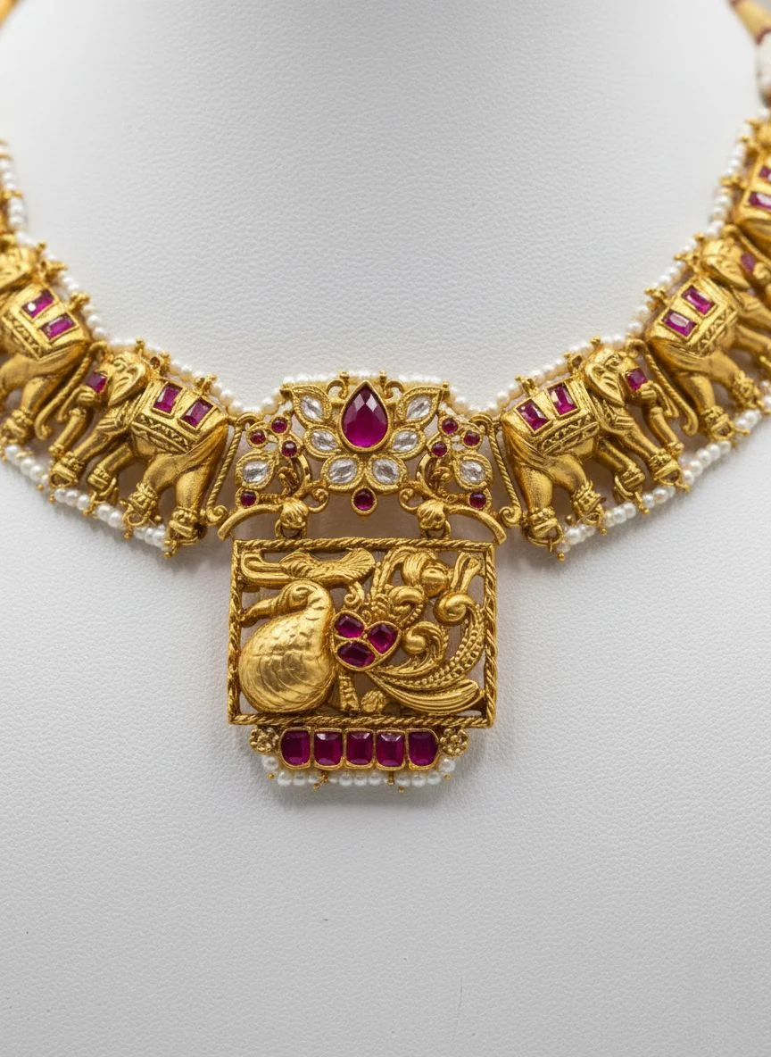 Antique Temple Gold Necklace Set with Lakshmi & Elephant Motifs - Image 3