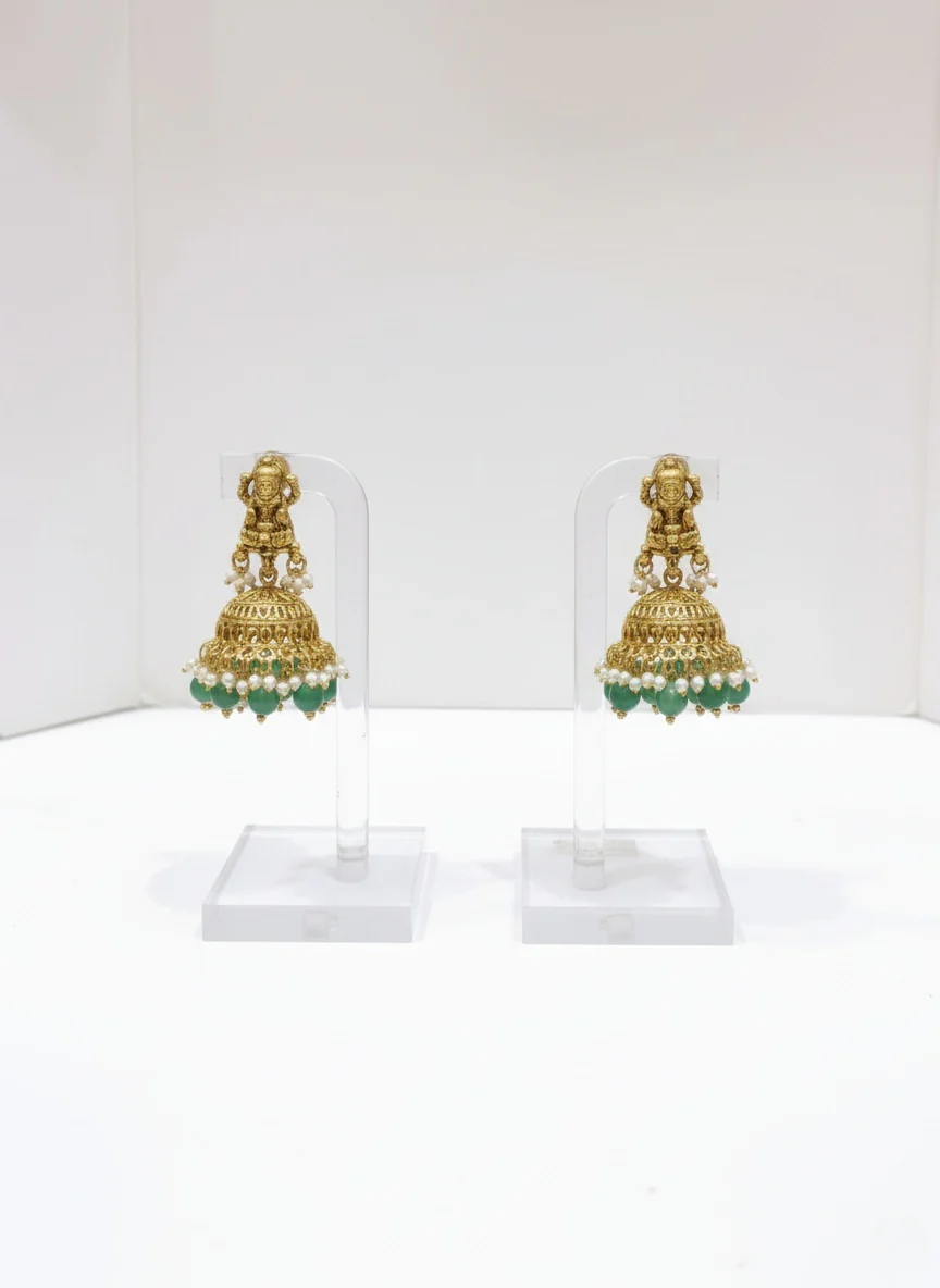 Antique Temple Jewelry Set with Green Beads and Lakshmi Pendant - Image 2