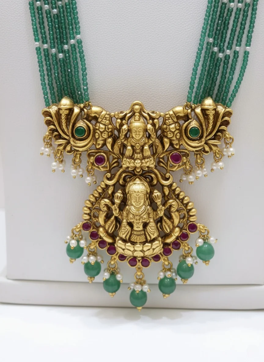 Antique Temple Jewelry Set with Green Beads and Lakshmi Pendant - Image 3