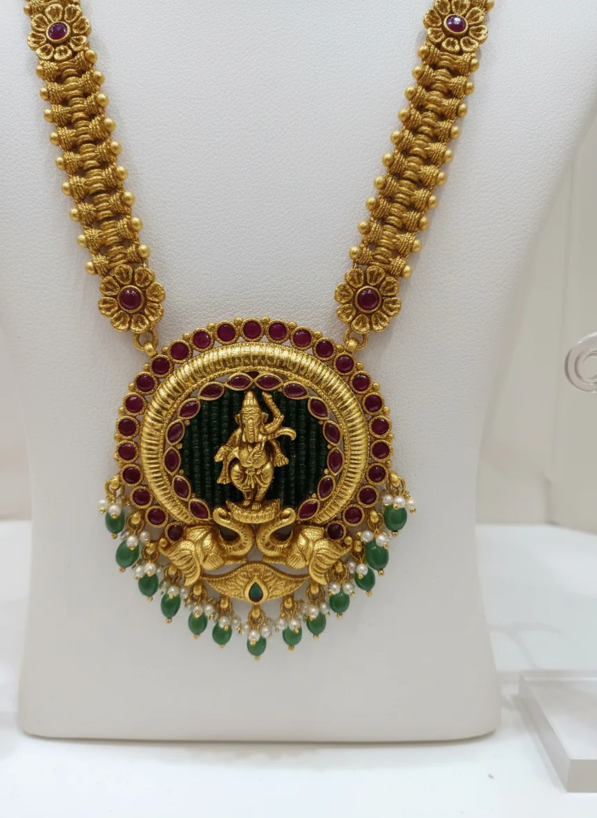 Antique Temple Jewelry Set with Lord Krishna Pendant - Image 3