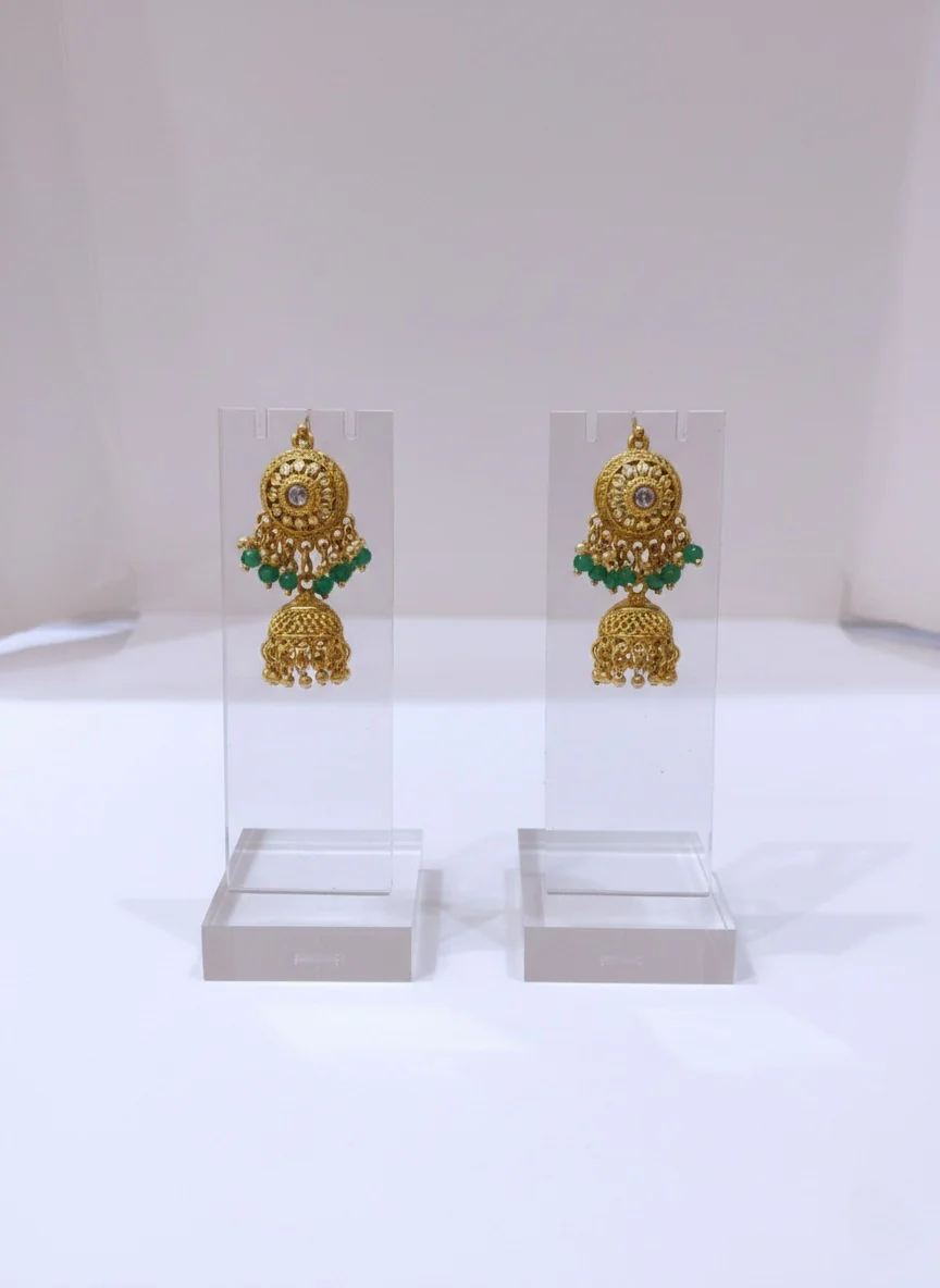 Antique Temple Necklace Set with Green Bead Detailing & Jhumka Earrings - Image 2