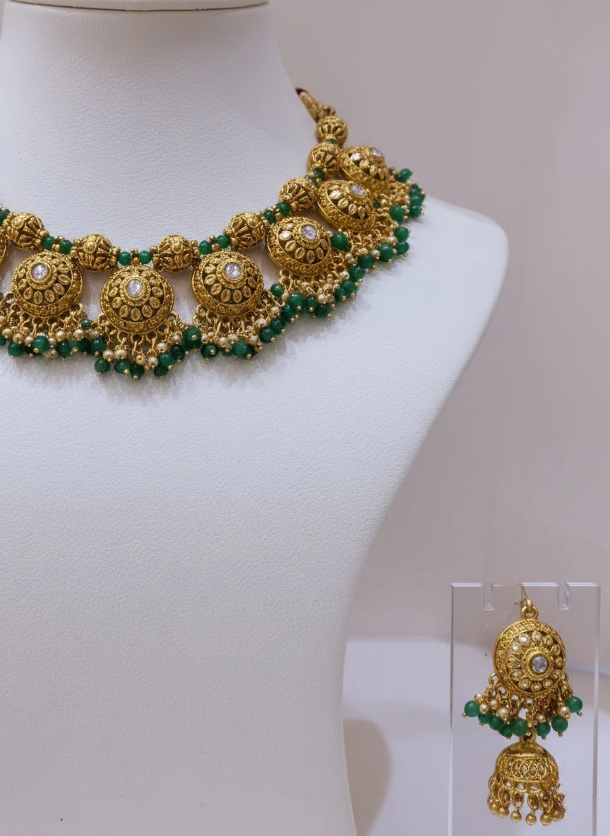Antique Temple Necklace Set with Green Bead Detailing & Jhumka Earrings - Image 3