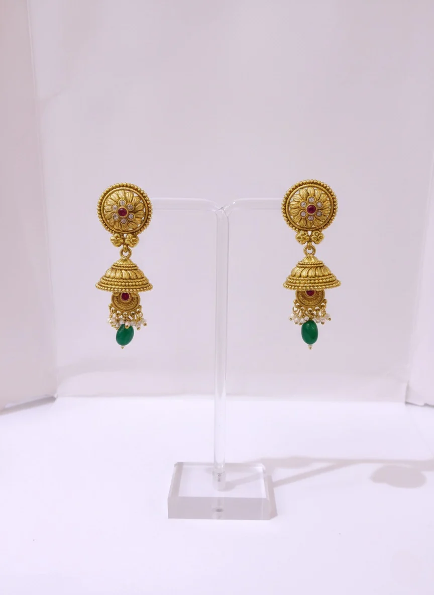Antique Temple Necklace Set with Green Beads & Ruby Detailing - Image 2