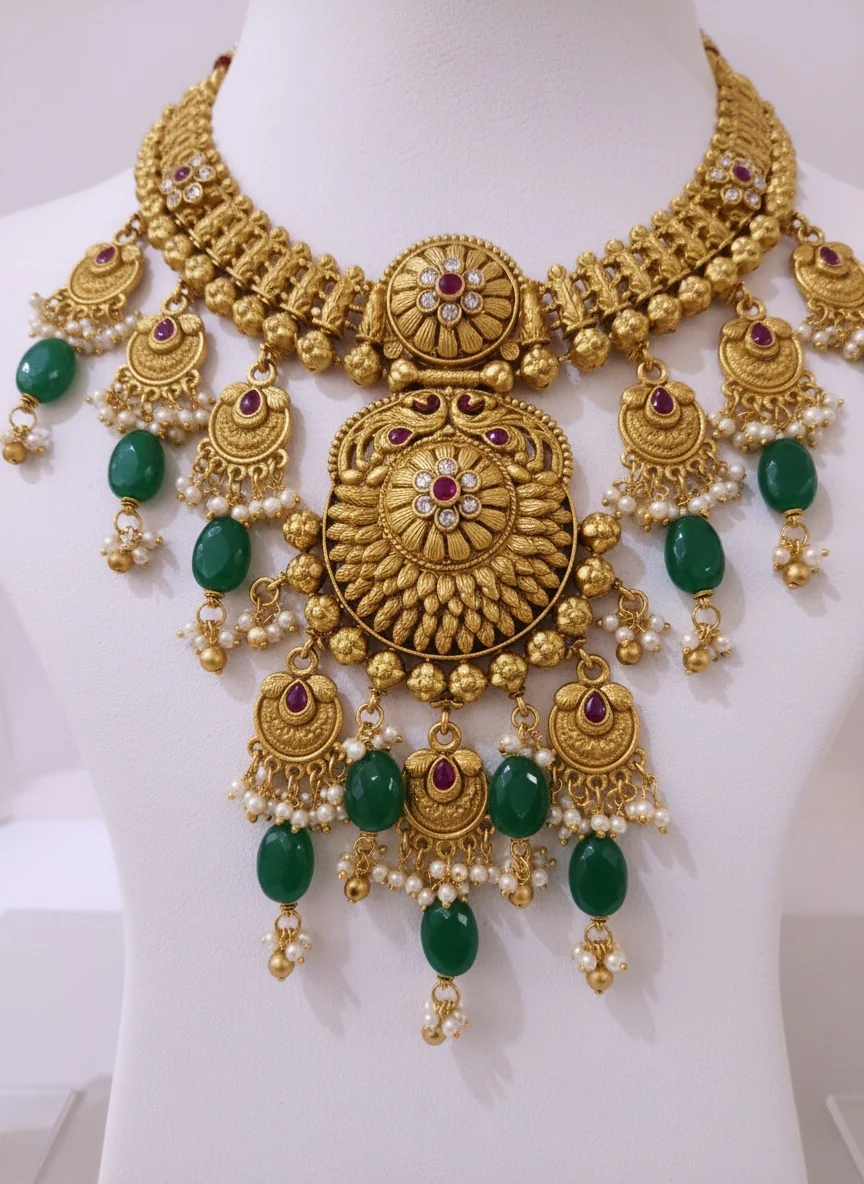 Antique Temple Necklace Set with Green Beads & Ruby Detailing - Image 3
