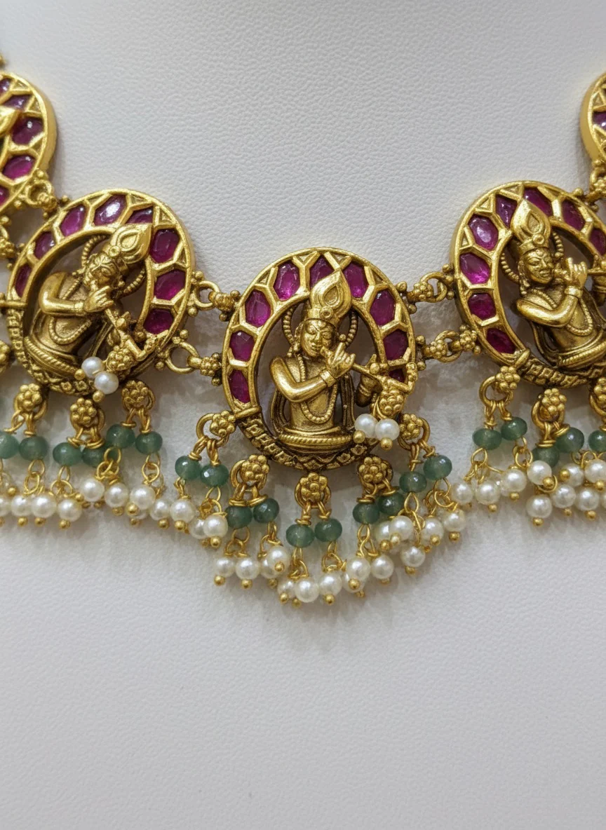 Antique Temple Necklace Set with Krishna Motifs & Ruby-Green Detailing - Image 3