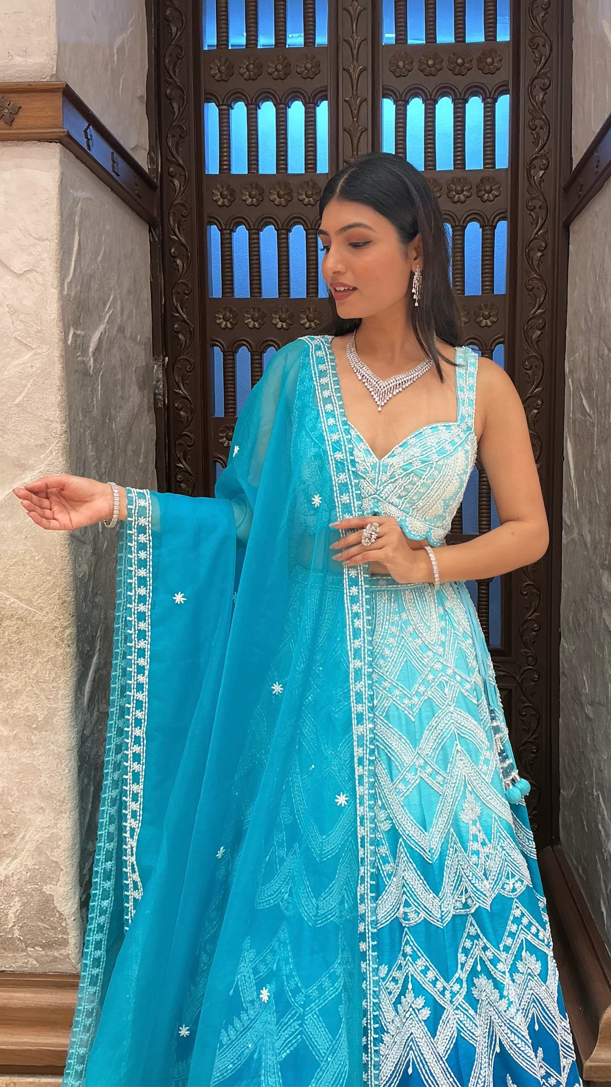 Aqua Blue Heavy Embroidered Designer Lehenga Set with Dupatta - Image 3