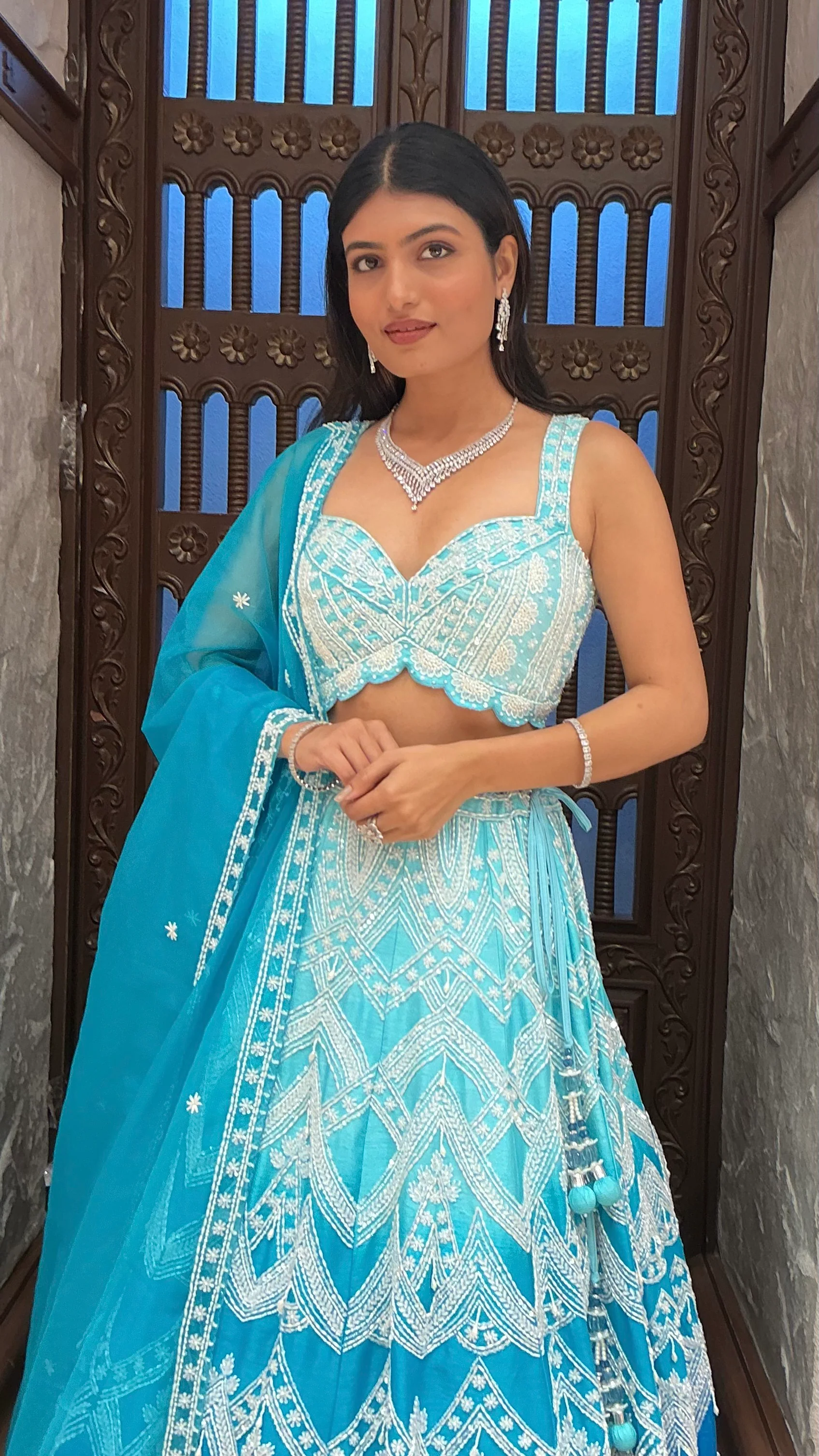 Aqua Blue Heavy Embroidered Designer Lehenga Set with Dupatta - Image 5