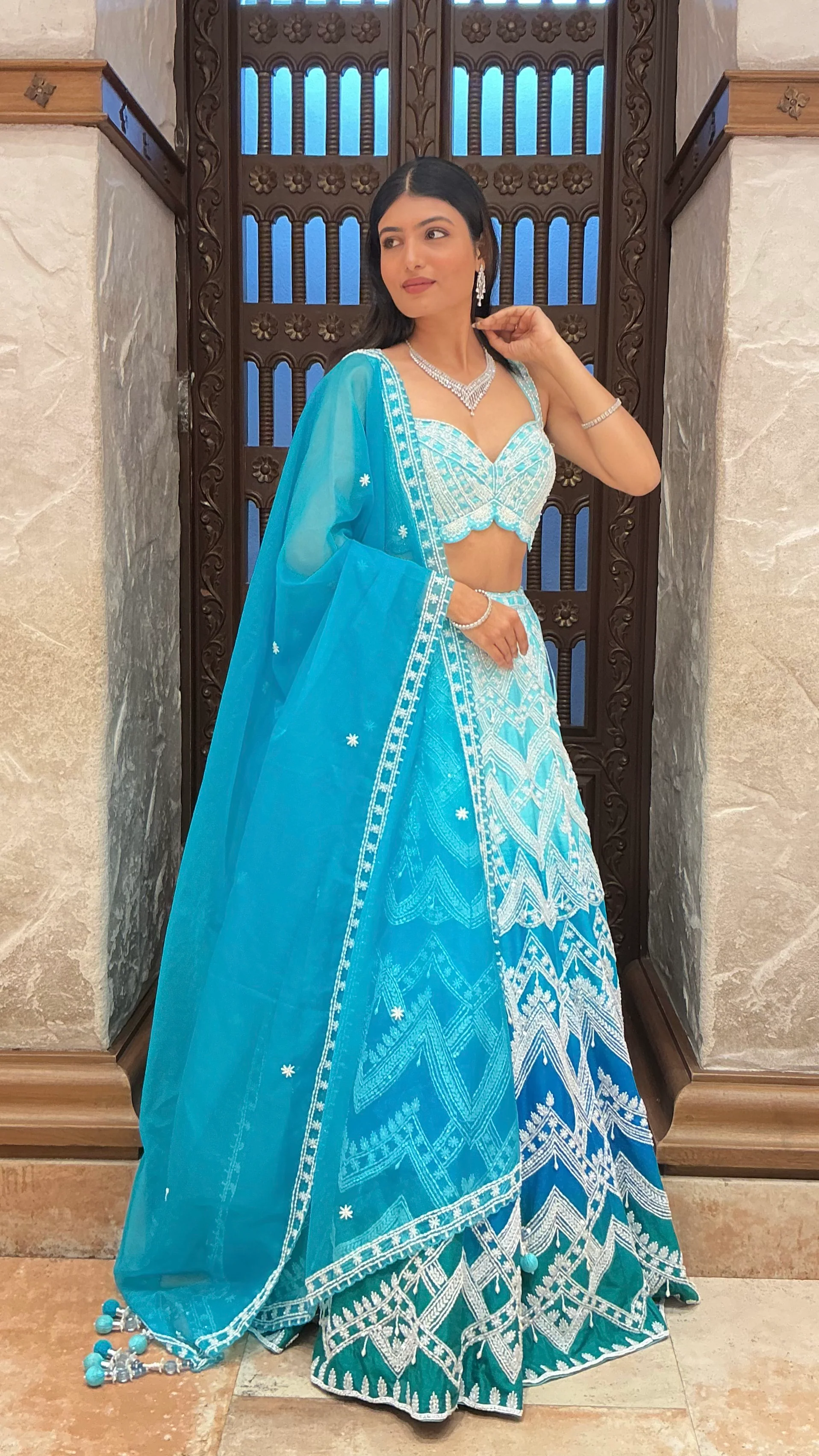 Aqua Blue Heavy Embroidered Designer Lehenga Set with Dupatta - Image 6