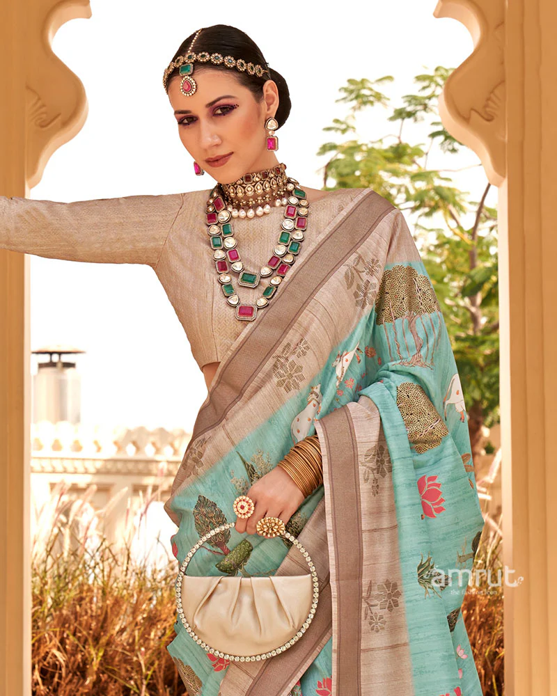 Aqua Blue with Light Brown Border Printed Saree and Unstitched Blouse - Image 2