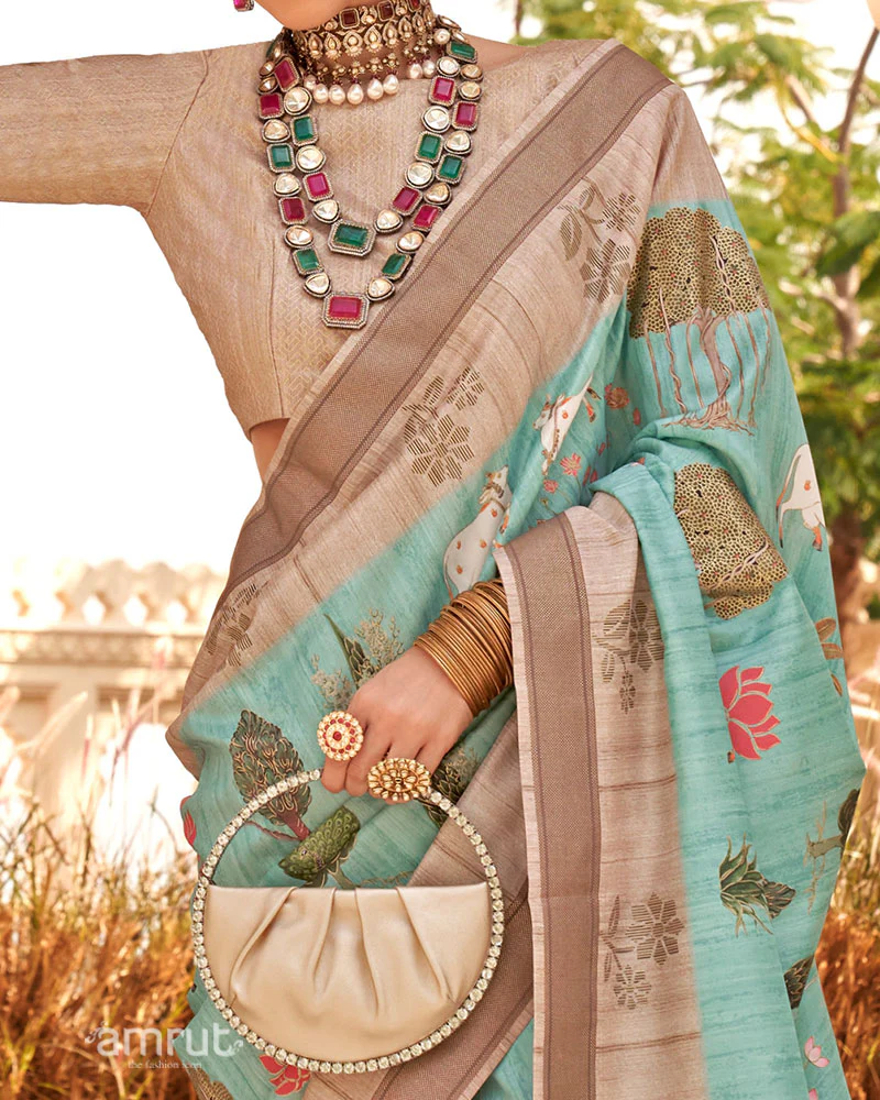 Aqua Blue with Light Brown Border Printed Saree and Unstitched Blouse - Image 3