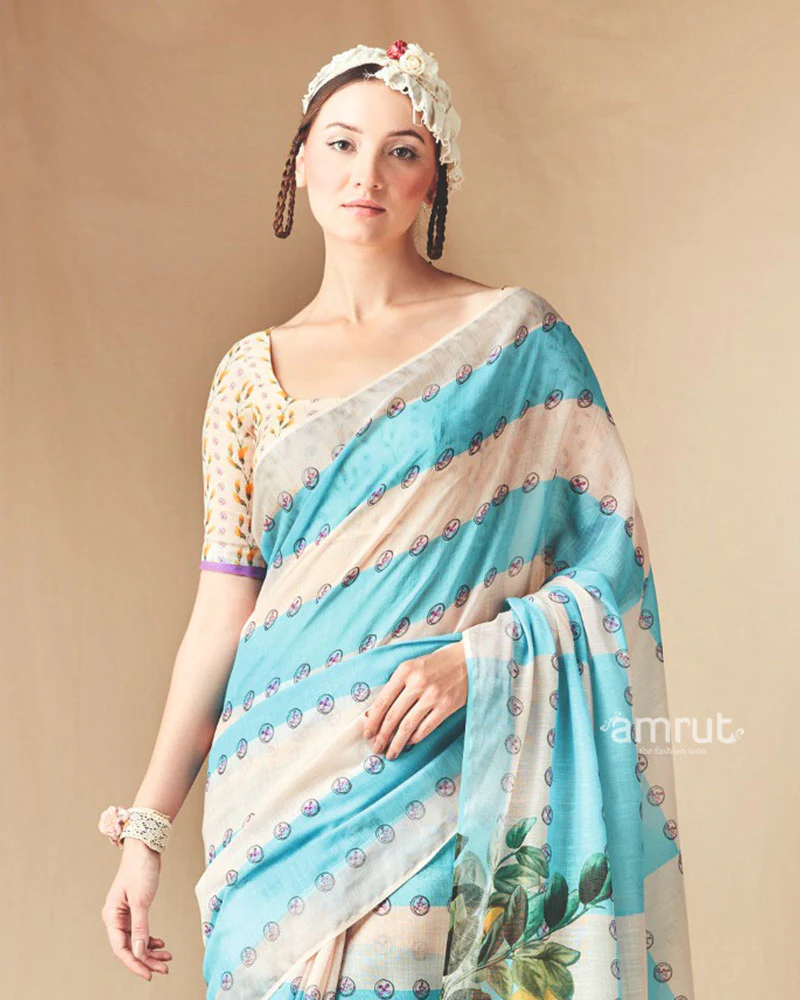 Aqua Cream Floral Striped Printed Saree with Unstitched Blouse - Image 2