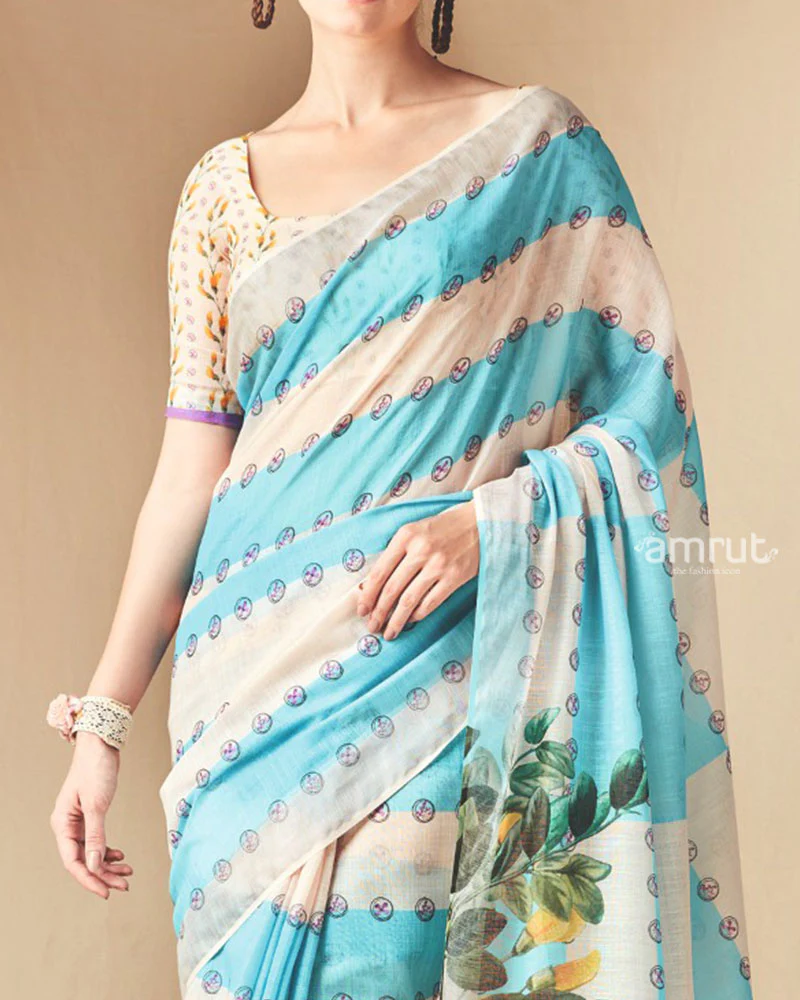 Aqua Cream Floral Striped Printed Saree with Unstitched Blouse - Image 3