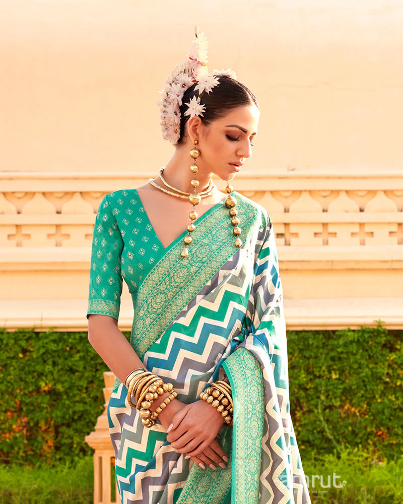 Aqua Green Printed Silk Saree with Unstitched Blouse - Image 2