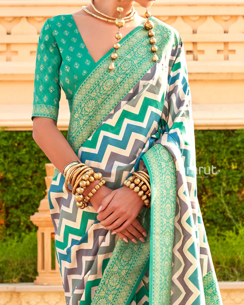 Aqua Green Printed Silk Saree with Unstitched Blouse - Image 3