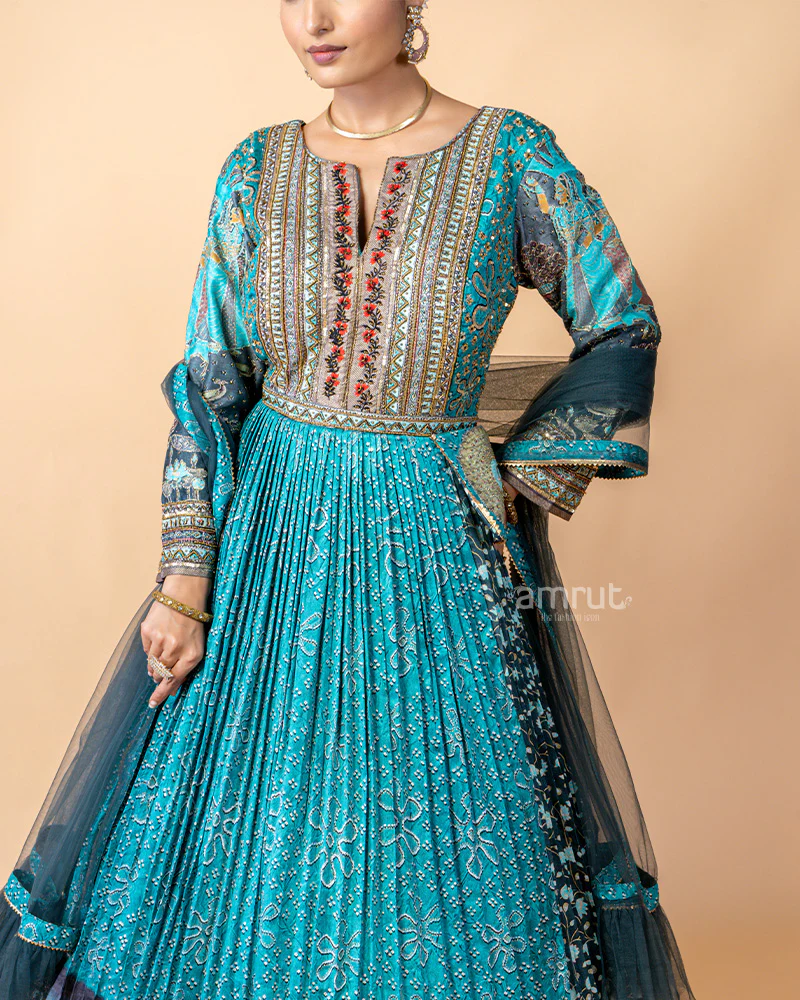 Aquatic Blue Gown with Net Dupatta - Image 3